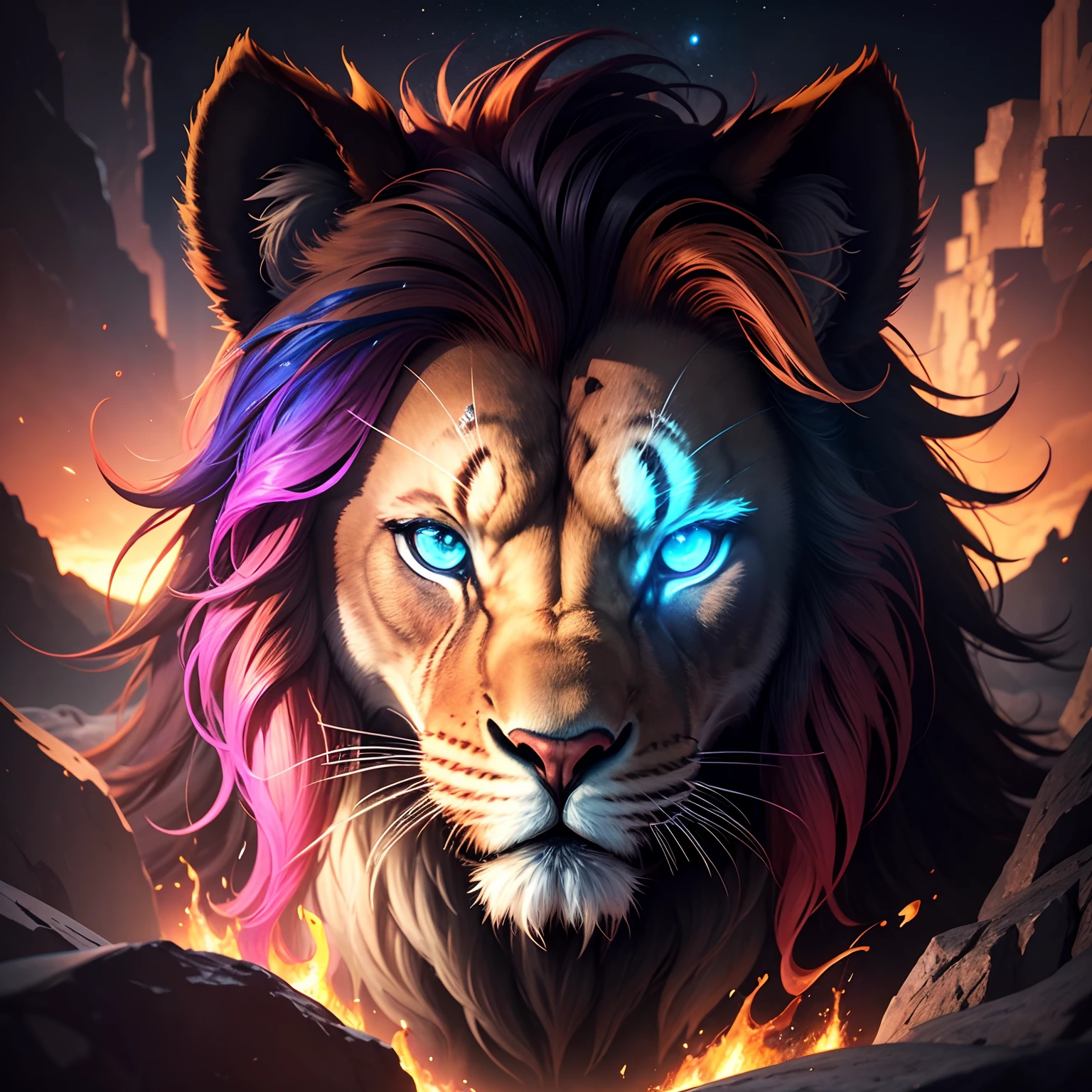 Lion in a Nebulosa , Splash art, Adobe Illustrator, Vector, 3D Illustration, Abstract Art, Print illustrations, Dark Background, Vibrant Color, Very Colorful, Trendy Colorful Gradient, Centered, Front View, Hyper Detailed, Photorealistic Rendering, 8k HD, Focused, Super Detailed, Intricately Detailed Splash Art Triadic Color Trend Artstation Unreal Engine 5 Volumetric Lighting, Gothic , High resolution, close-up, ambient light, Nikon 15mm f/1.8G, by GIlSam-paio octane rendering depicting innovation and truth, 8k, glamour, intricate detailed environment, lace, smudges , ornate, unreal engine, fantastica, sunset, milky way, starry night