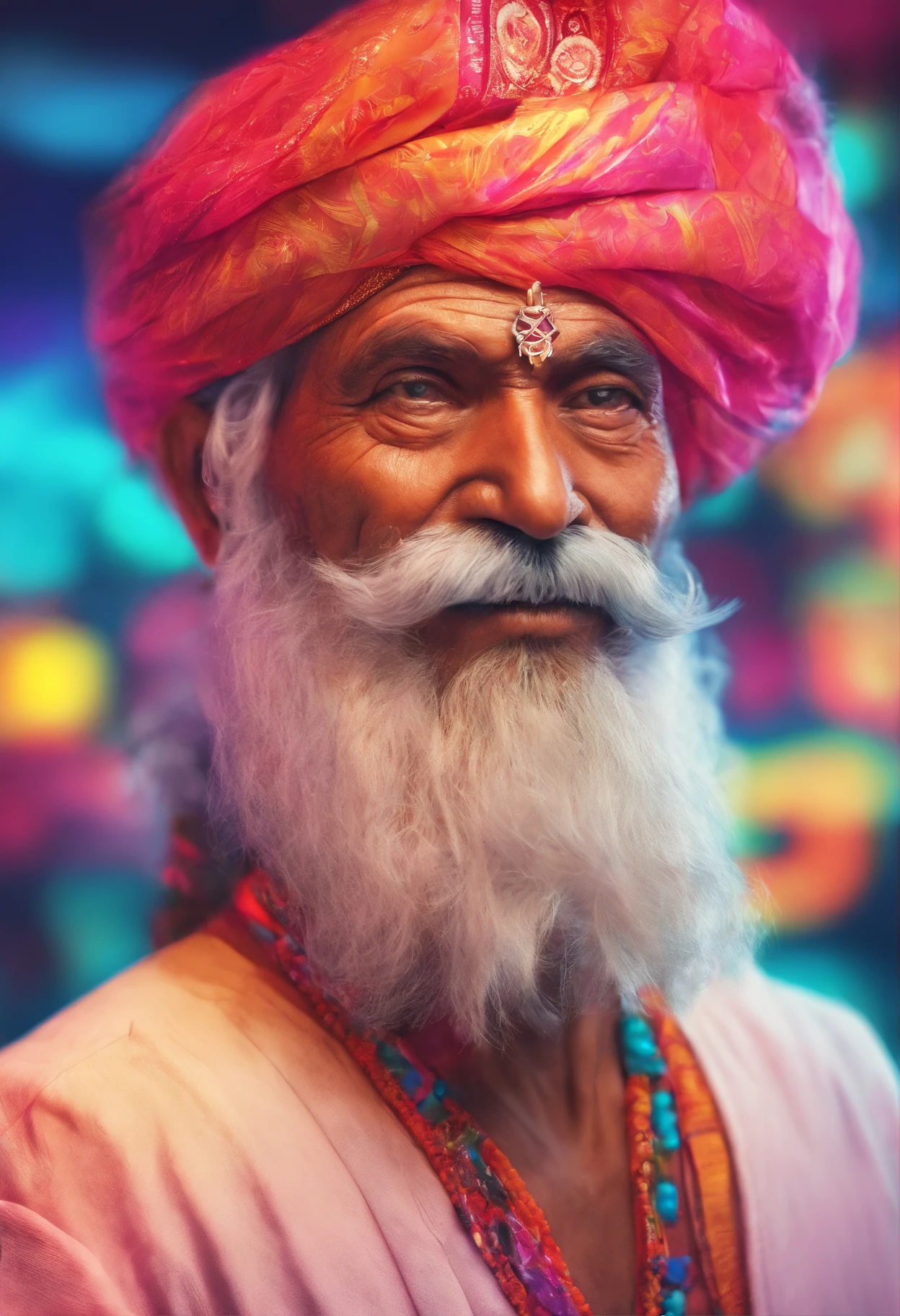 (old indian man:1.1,wearing turban:1.2,white bigger beard:1.1,bigger moustache:1.1,lighting cigar:1.2,in swag,extremely detailed facial hairs,portrait,half body,medium:oil painting,detailed eyes and face,detailed turban,traditional clothing,aged appearance,royal background,studio lighting,vibrant colors,dignified expression) bhasma on forehead, holding sigarete in hand