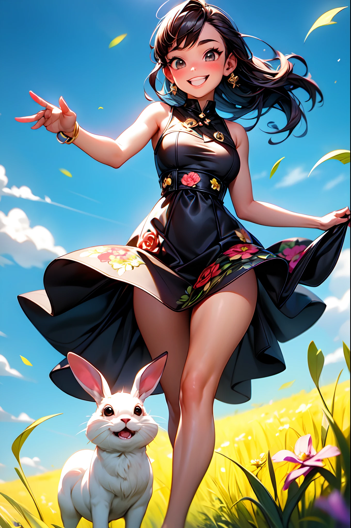 La mejor calidad, hermoso brillo detallado, ambient-occlusion, Luz ambiental, Reflejos trazados por rayos, Aura brillante, plano amplio, una feliz, A smiling 18-year-old brown-skinned girl running alongside a white rabbit across the prairie on a sunny day with the wind blowing, Short two-part dress with warm colored floral motifs and colorful flying flowers found throughout the meadow, muy colorido.