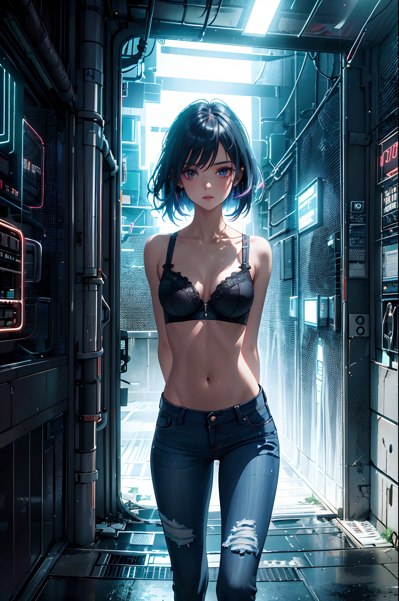 ((Garota cyberpunk super skinny) beco escuro, noite, neon, observando o horizonte, wearing jeans and bra, chovendo, noite)):1.9、Perfect Ray Tracing、Antecedentes altamente detalhados，Realistic，ultra-detalhada，pele super detalhada，Brilho da Luz，filmic grain，Expro II，Reflexo da lente，sharpen，Cinematic shadow, panoramic image, cyberpunk skinny girl, night, neon lights