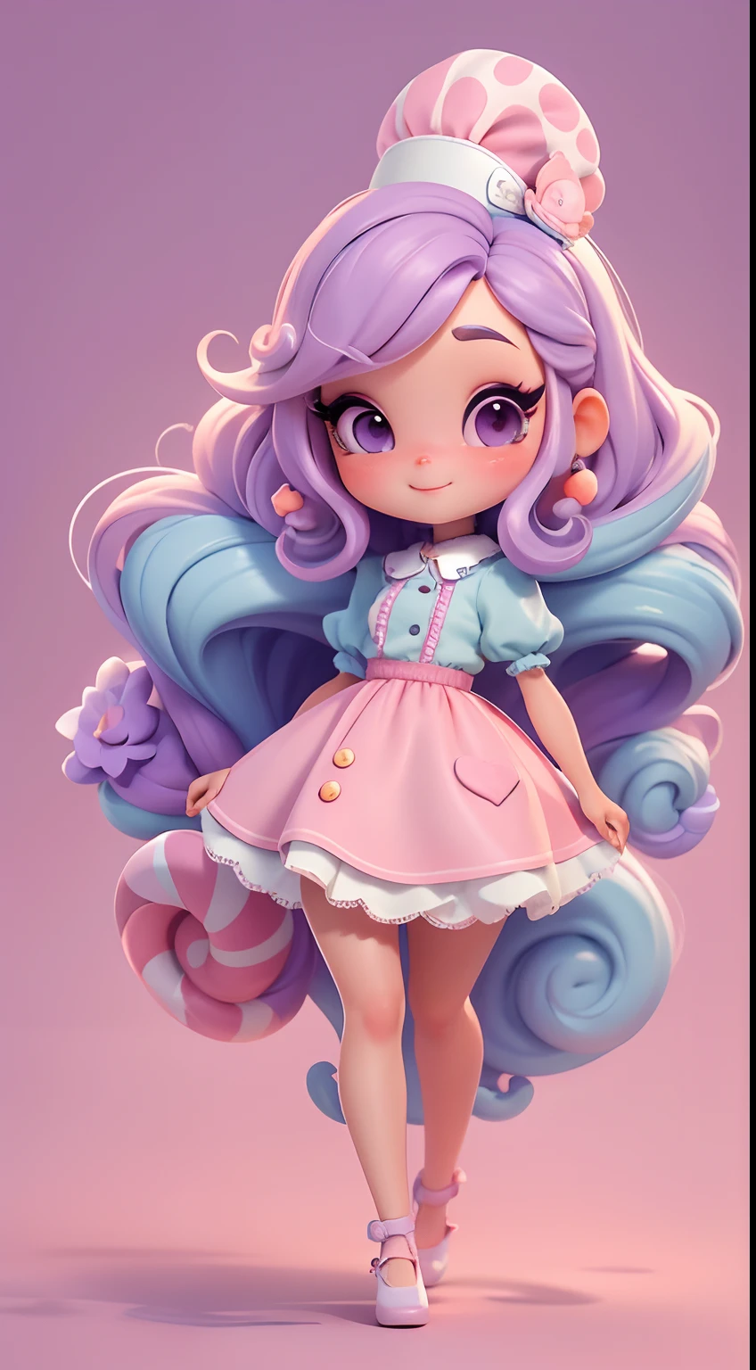 Create a series of cute cute chibi style dolls with a cute candyland chef theme, each with lots of detail and in an 8K resolution. All dolls should follow the same candyland candy wallpaper pattern and be complete in the image, mostrando o (corpo inteiro, incluindo as pernas: 1.5)

Boneca candyland f: Chame-a de Marina. She must have small hair in pastel lilac hue. Seus olhos devem ser grandes e expressivos, with long eyelashes and rosy cheeks. Sorriso delicado e branco. Sophie deve estar vestida com uma roupa colorida, pastels, lilac and purple tones and sweet details;. She should hold a candy in her hands. Certifique-se de adicionar detalhes nas roupas, such as buttons and pockets, sapato bonito

Certifique-se de adicionar sombras, texturas e detalhes nos cabelos, roupas, doces e chocolate em barra, to make them even more adorable and charming.