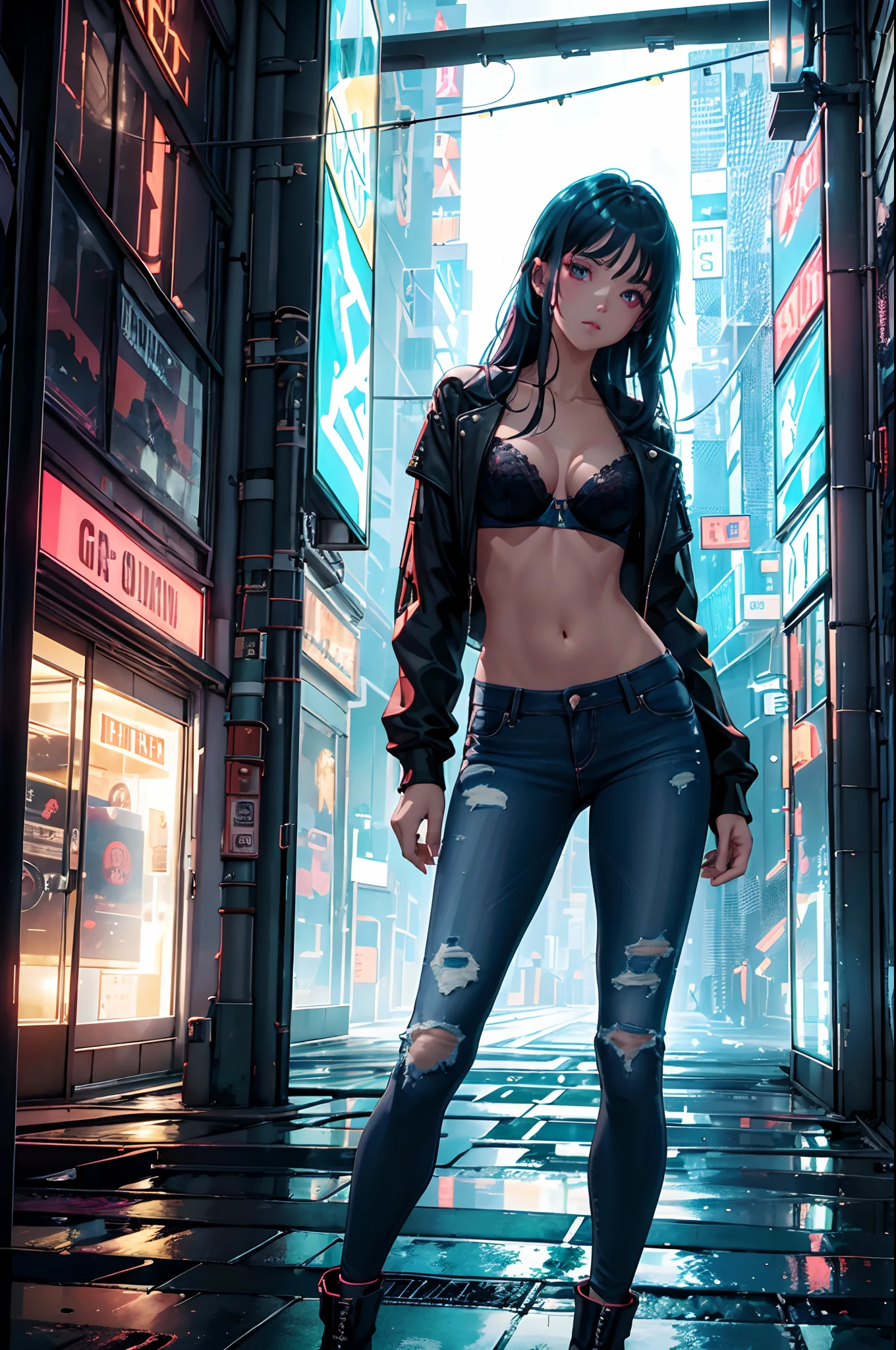 ((Garota cyberpunk super skinny) beco escuro, noite, neon, observando o horizonte, wearing jeans and bra, chovendo, noite)):1.9、Perfect Ray Tracing、Antecedentes altamente detalhados，Realistic，ultra-detalhada，pele super detalhada，Brilho da Luz，filmic grain，Expro II，Reflexo da lente，sharpen，Cinematic shadow, panoramic image, cyberpunk skinny girl, night, neon lights