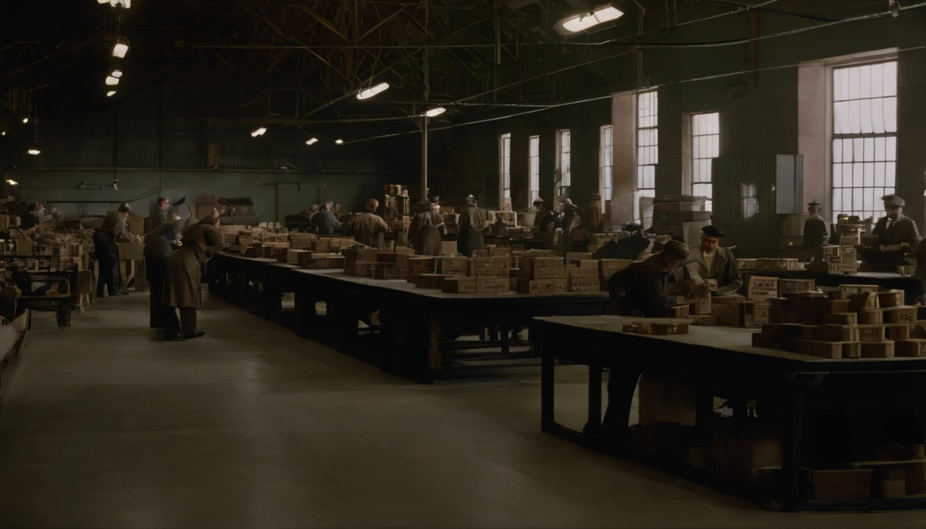 toy manufactoring plant, 1930's, lots of men making toys, shipping crates in background