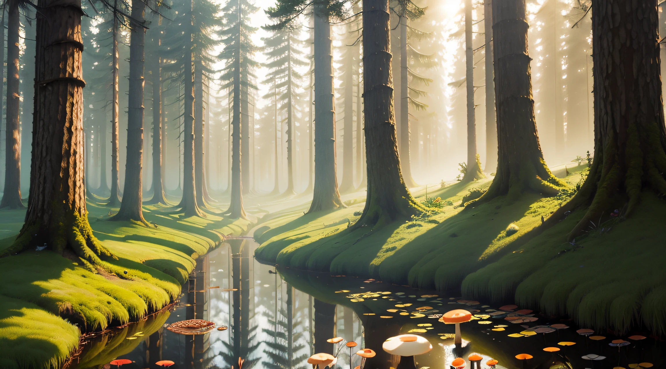 forest, fog, pond, lots of mushrooms, tall trees, bright sun