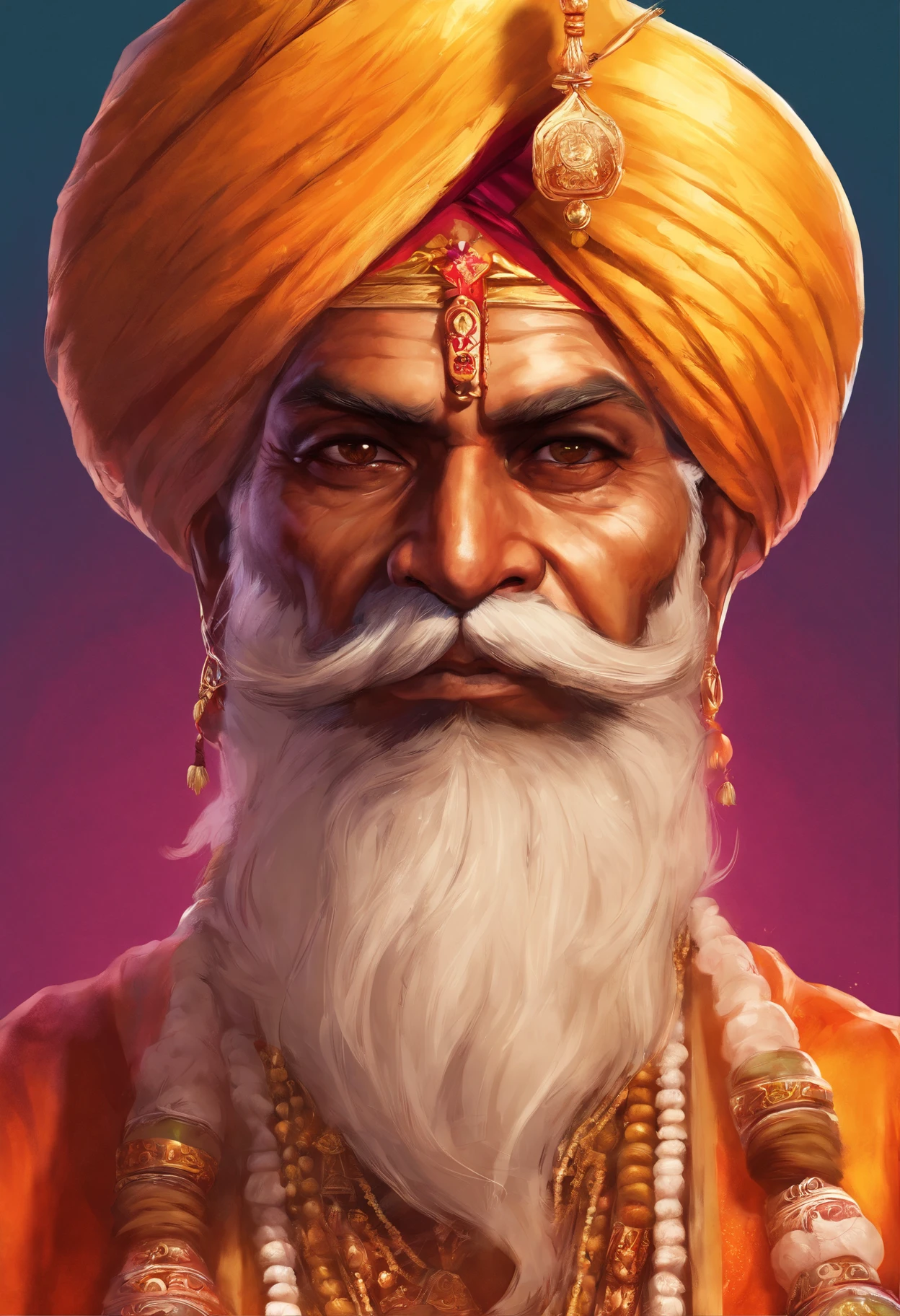 (old indian man:1.1,wearing turban:1.2,white bigger beard:1.1,bigger moustache:1.1,lighting cigar:1.2,in swag,extremely detailed facial hairs,portrait,half body,medium:oil painting,detailed eyes and face,detailed turban,traditional clothing,aged appearance,royal background,studio lighting,vibrant colors,dignified expression) bhasma on forehead, holding sigarete in hand