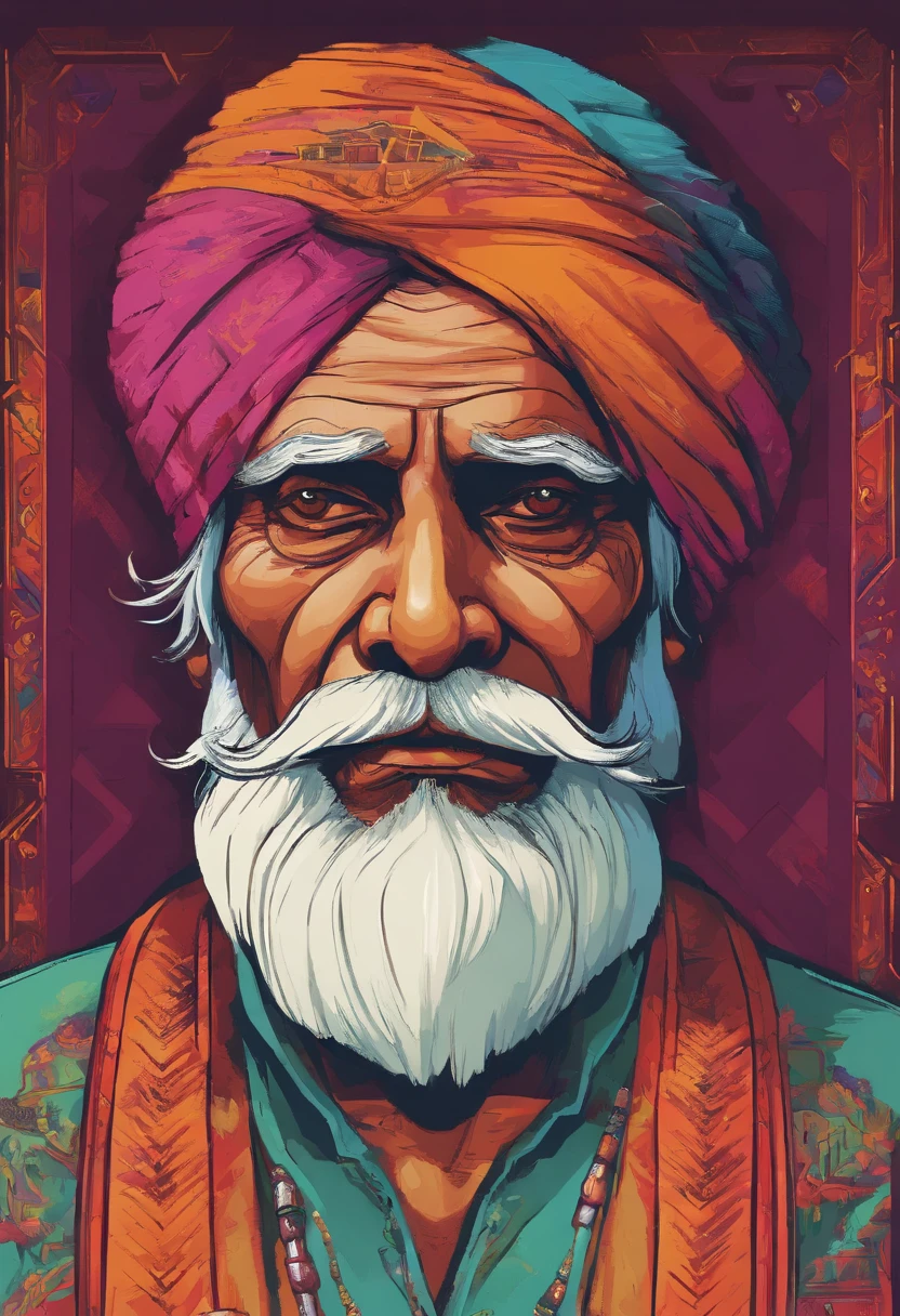 (old indian man:1.1,wearing turban:1.2,white bigger beard:1.1,bigger moustache:1.1,lighting cigar:1.2,in swag,extremely detailed facial hairs,portrait,half body,medium:oil painting,detailed eyes and face,detailed turban,traditional clothing,aged appearance,royal background,studio lighting,vibrant colors,dignified expression) bhasma on forehead, holding sigarete in hand