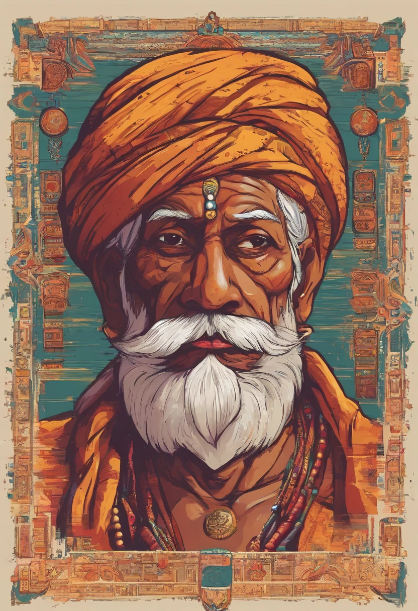 (old indian man:1.1,wearing turban:1.2,white bigger beard:1.1,bigger moustache:1.1,lighting cigar:1.2,in swag,extremely detailed facial hairs,portrait,half body,medium:oil painting,detailed eyes and face,detailed turban,traditional clothing,aged appearance,royal background,studio lighting,vibrant colors,dignified expression) bhasma on forehead, holding sigarete in hand