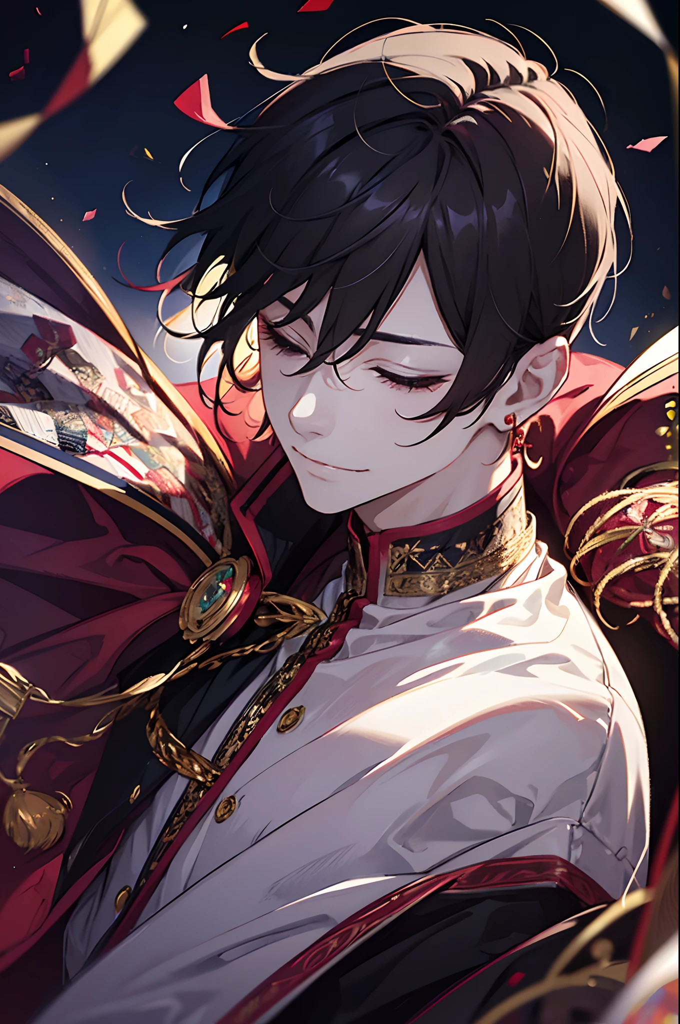 a man with messy short black hair, smug expression, half closed eyes, smiling, wearing jewelled scarlet earrings, colourful outfit, spotlight, rim lighting, on stage, colourful, beautiful lighting, 1 man, solo, confetti, full body