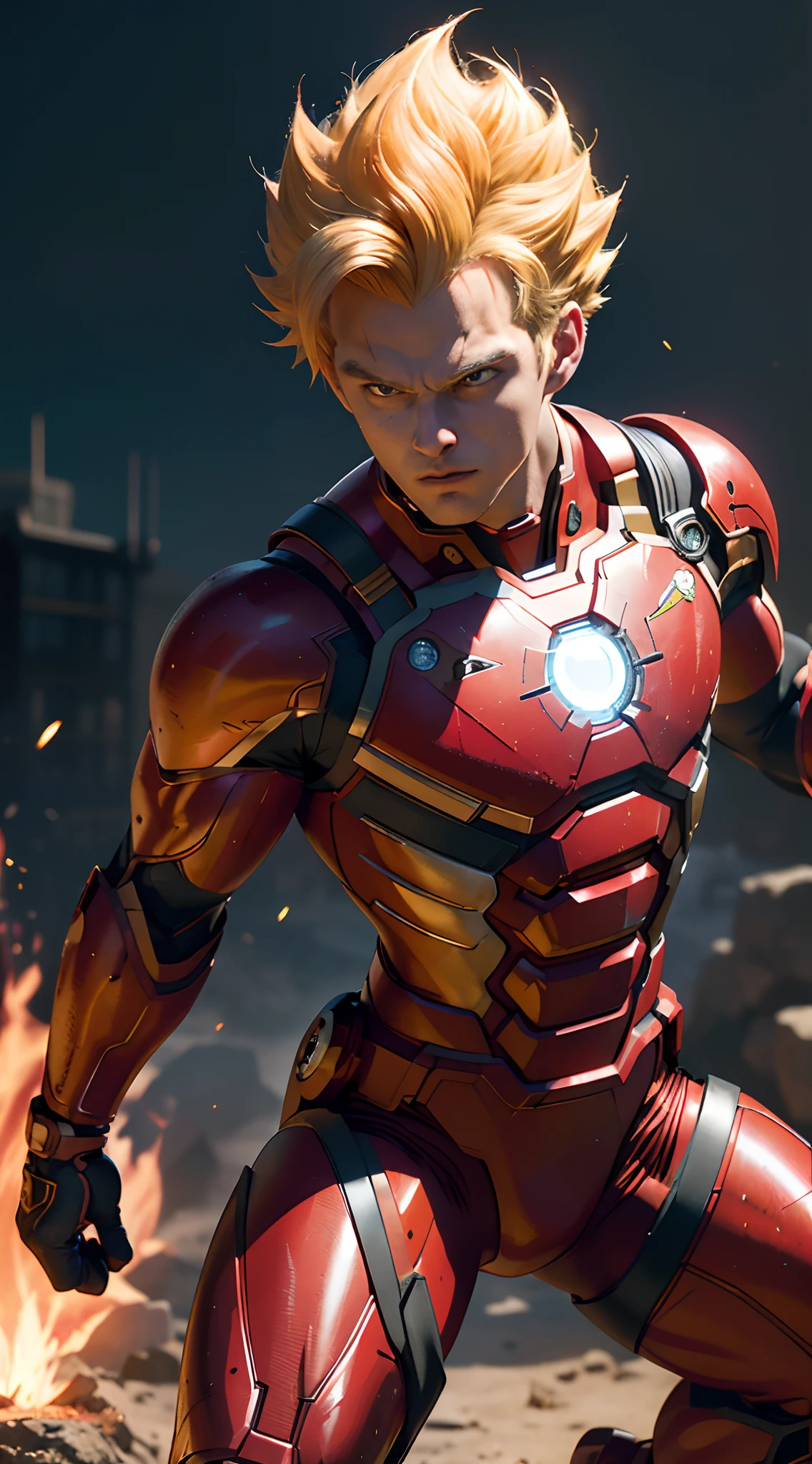 (masterpiece:1.2), (depth of field), (realistic), photorealistic, male focus, look at viewer, man pose, heroic stance, cyborg mode, vegeta wearing Ironman armor, red and gold, full body shot, portraits, vibrant colors, sharp contrasts, blonde hair, black eye, fire background