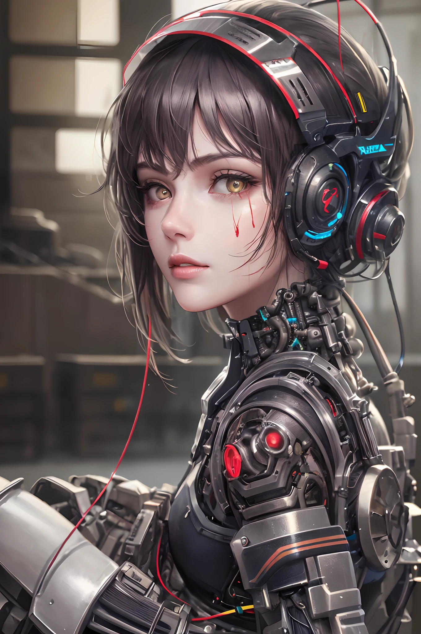 1mechanical girl,((ultra realistic details)), portrait, global illumination, shadows, octane render, 8k, ultra sharp,metal,intricate, ornaments detailed, cold colors, egypician detail, highly intricate details, realistic light, trending on cgsociety, glowing eyes, facing camera, neon details, machanical limbs,blood vessels connected to tubes,mechanical vertebra attaching to back,mechanical cervial attaching to neck,sitting,wires and cables connecting to head