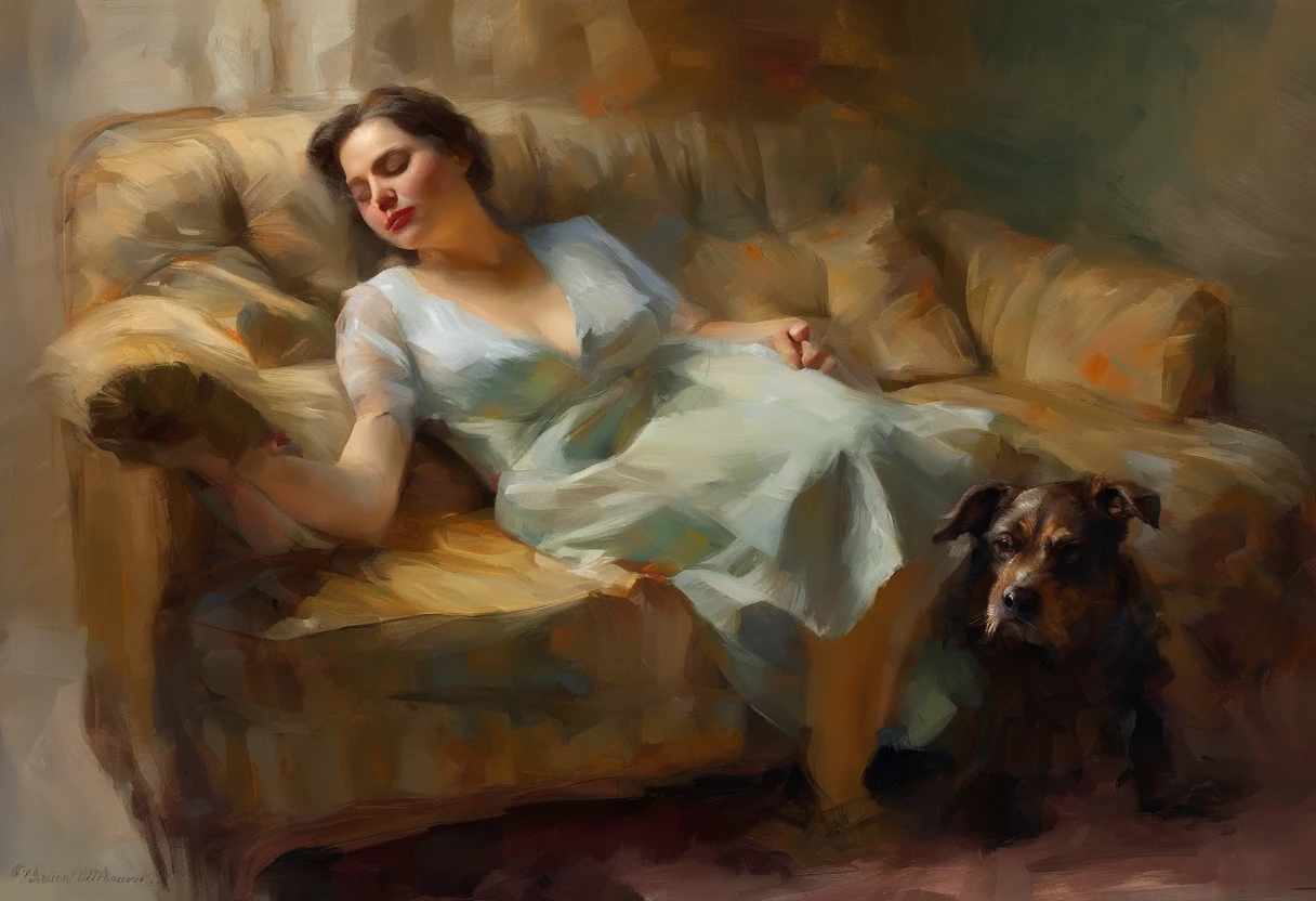A painting of a woman with her eyes closed, dog sleeping next to her, 1930s ((golden ratio}} laying on the sofa after a long night on the town, a sensual painting, a Beautiful expressive painting, Wadim Kashin. Ultra photo realism, Louise Ross, digital painting art, Perceptual digital painting, Stylish digital painting, Bonito painting, glossy digital painting, beautiful digital painting, digital art painting, Fine paintings, ((Rod acrylic paint)).