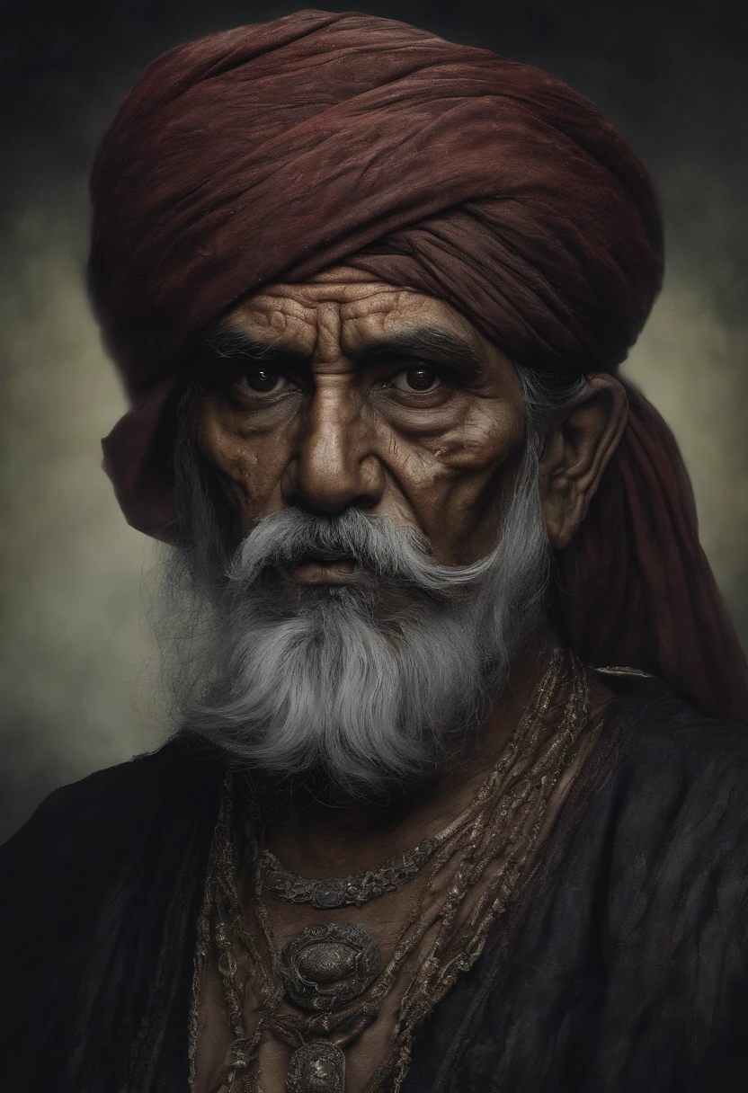 (old indian man:1.1,wearing turban:1.2,white bigger beard:1.1,bigger moustache:1.1,lighting cigar:1.2,in swag,extremely detailed facial hairs,portrait,half body,medium:oil painting,detailed eyes and face,detailed turban,traditional clothing,aged appearance,royal background,studio lighting,vibrant colors,dignified expression) bhasma on forehead, holding sigarete in hand