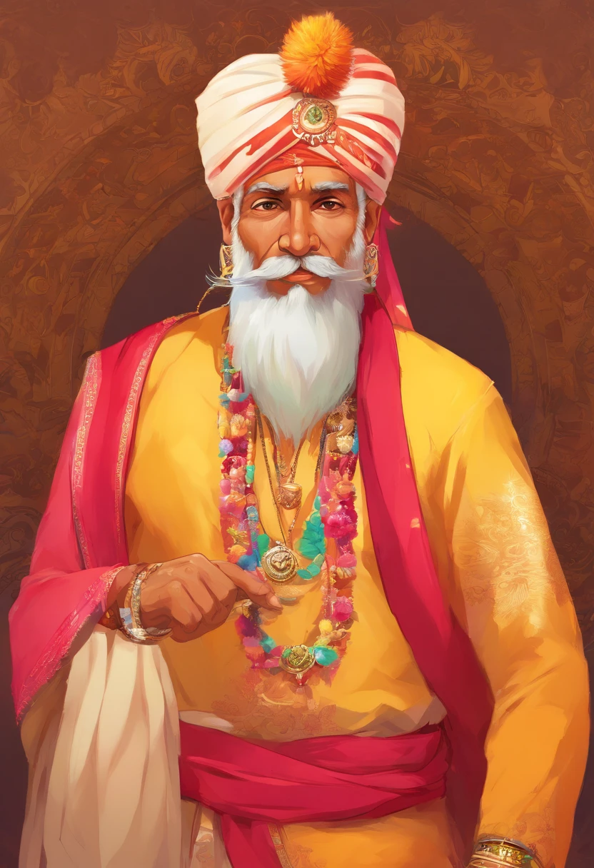 (old indian man:1.1,wearing turban:1.2,white bigger beard:1.1,bigger moustache:1.1,lighting cigar:1.2,in swag,extremely detailed facial hairs,portrait,half body,medium:oil painting,detailed eyes and face,detailed turban,traditional clothing,aged appearance,royal background,studio lighting,vibrant colors,dignified expression) bhasma on forehead, holding sigarete in hand