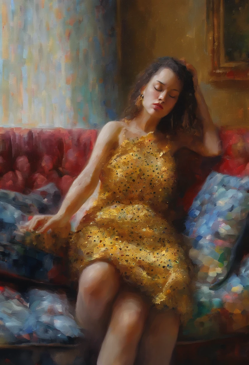 A painting of a woman with her eyes closed, ((golden ratio}} laying on the sofa after a long night on the town, a sensual painting, a Beautiful expressive painting, Wadim Kashin. Ultra photo realism, Louise Ross, digital painting art, Perceptual digital painting, Stylish digital painting, Bonito painting, glossy digital painting, beautiful digital painting, digital art painting, Fine paintings, ((Rod acrylic paint)).