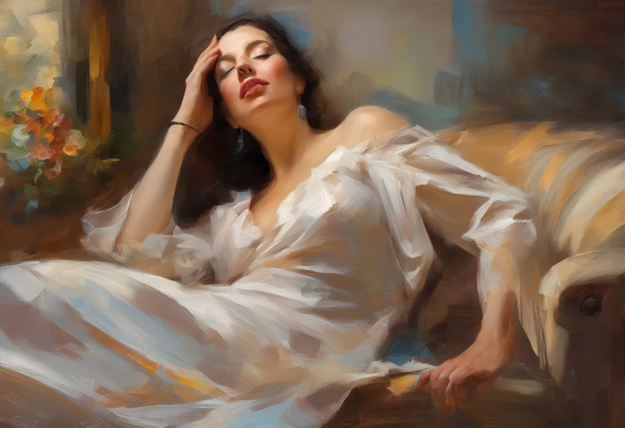 A painting of a woman with her eyes closed, ((golden ratio}} laying on the sofa after a long night on the town, a sensual painting, a Beautiful expressive painting, Wadim Kashin. Ultra photo realism, Louise Ross, digital painting art, Perceptual digital painting, Stylish digital painting, Bonito painting, glossy digital painting, beautiful digital painting, digital art painting, Fine paintings, ((Rod acrylic paint)).