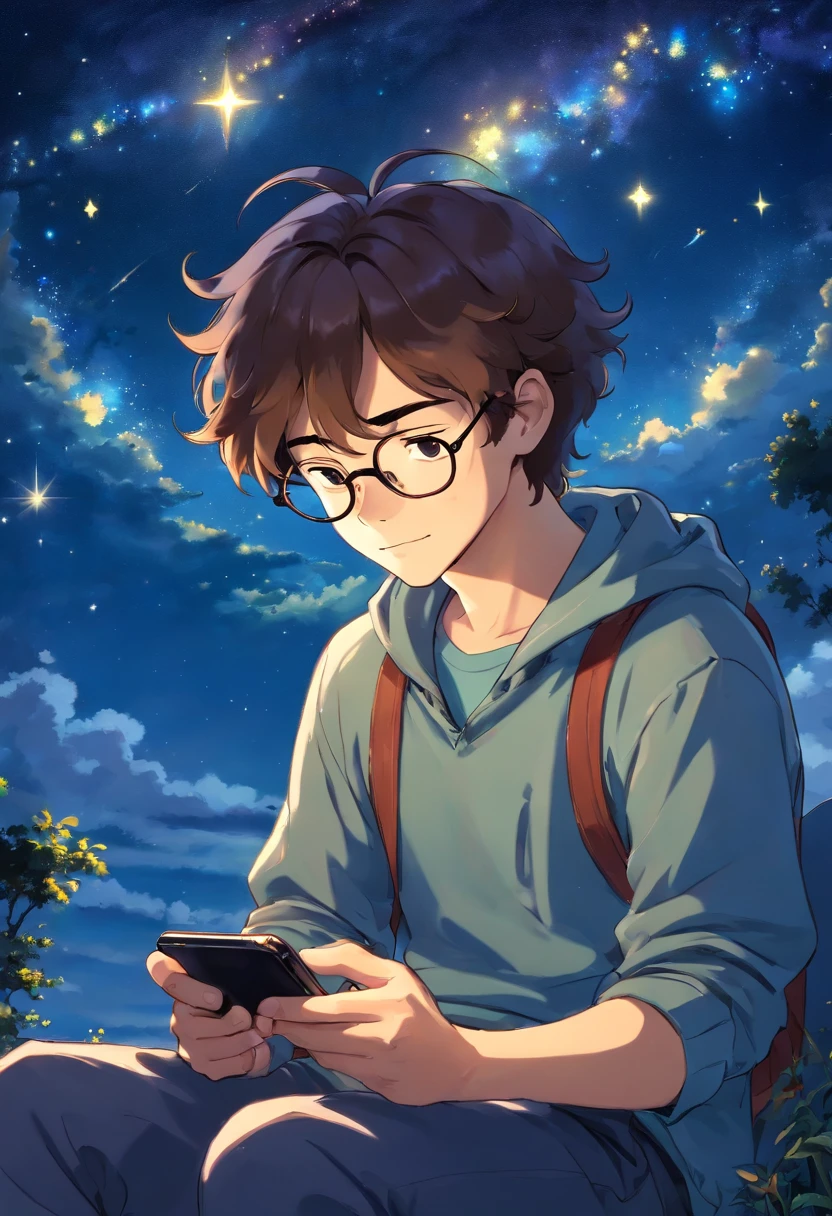Homem jovem moreno, de casaco, wearing glasses with wavy hair sitting fiddling with his phone, Watching the starry sky at night