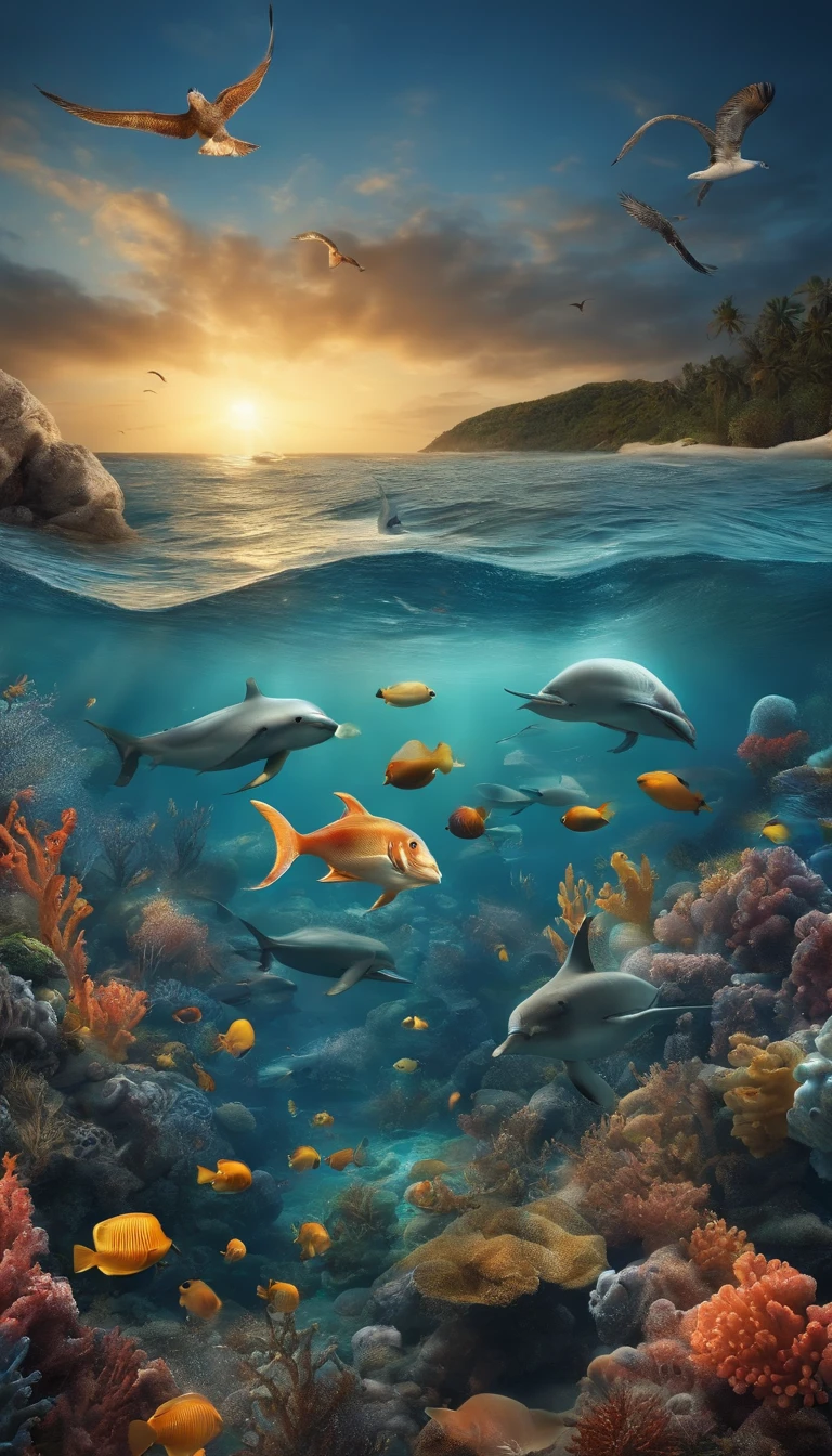 An image of the ocean with sea creatures and birds floating above.