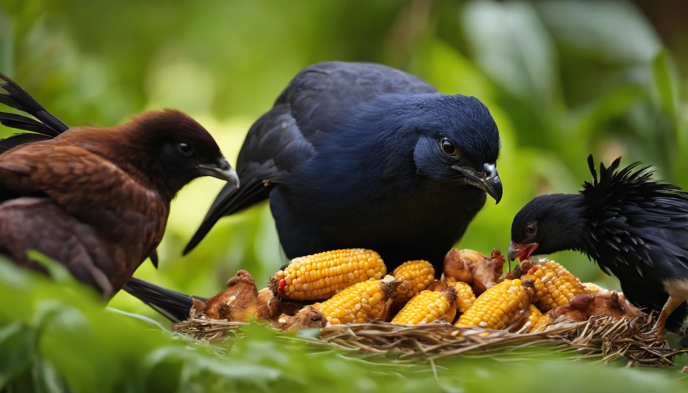 baby bird with dark feathers eating corn among large chickens