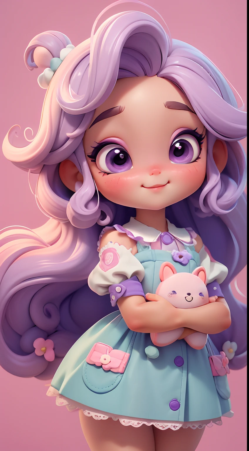 Create a series of cute chibi style dolls with a cute candyland chef theme, each with lots of detail and in an 8K resolution. All dolls should follow the same candyland candy wallpaper pattern and be complete in the image, mostrando o (corpo inteiro, incluindo as pernas: 1.5)
Boneca candyland f: Chame-a de Marina. She must have small hair in pastel lilac hue. Seus olhos devem ser grandes e expressivos, with long eyelashes and rosy cheeks. Sorriso delicado e branco. Sophie deve estar vestida com uma roupa colorida, pastel hues, lilac and purple tones and sweet details;. She should hold a candy in her hands. Certifique-se de adicionar detalhes nas roupas, such as buttons and pockets, sapato bonito
Certifique-se de adicionar sombras, texturas e detalhes nos cabelos, roupas, doces e chocolate em barra, to make them even more adorable and charming.
