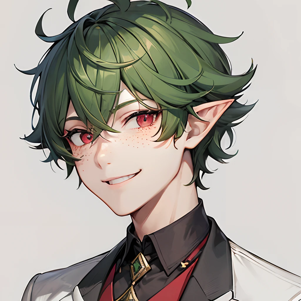 1man, short curly green hair, red eyes, pointy ears, white suit jacket, freckles, smile, portrait, simple background, looking at the camera, from the front