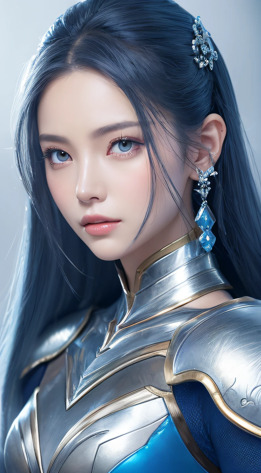Close up portrait of woman in silver and blue dress, chengwei pan on artstation, by Yang J, detailed fantasy art, Stunning character art, fanart best artstation, epic exquisite character art, Beautiful armor, very detailed Artgerm, Detailed Digital Anime Art, ArtGerm on ArtStation Pixiv, armor girl