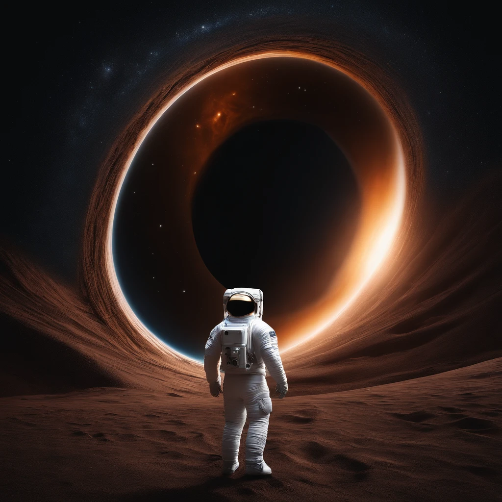 In the vast expanse of space,  An astronaut wearing a spacesuit stands in front of a black hole. Em estado sem peso,  meteoritos flutuam ao redor. Tem surrealismoo,  fotografia ultra grande angular,  Arte Oficial,  8k,  realismo,  detalhes complexos da melhor qualidade,  Luz de borda forte,  luz de fundo crepuscular,  obras-primas de detalhes extremamente detalhadas e complexas,  Fotos RAW,  detalhes finos,  Clear focus,  high resolution