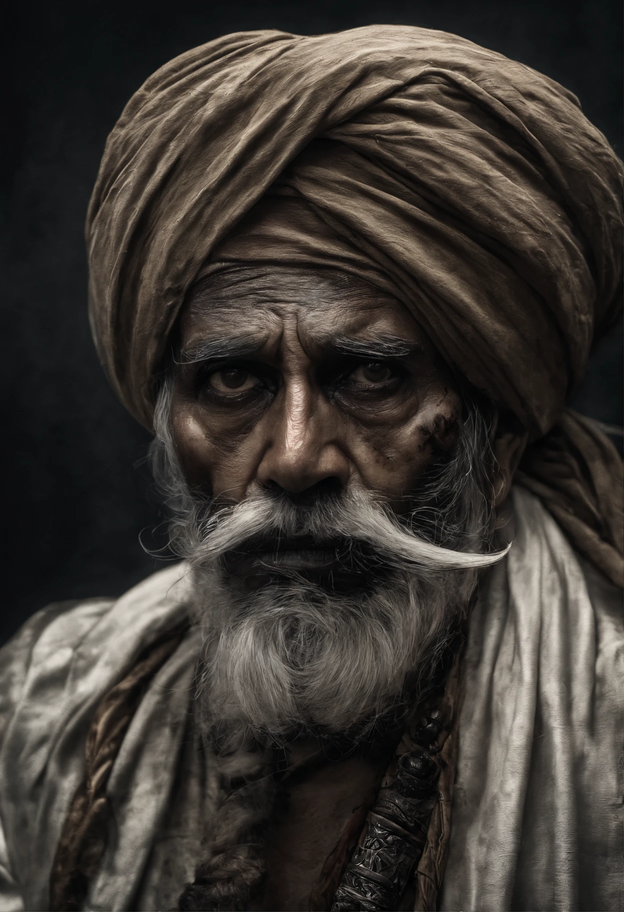 (old indian man:1.1,wearing turban:1.2,white bigger beard:1.1,bigger moustache:1.1,lighting cigar:1.2,in swag,extremely detailed facial hairs,portrait,half body,medium:oil painting,detailed eyes and face,detailed turban,traditional clothing,aged appearance,royal background,studio lighting,vibrant colors,dignified expression) bhasma on forehead, holding sigarete in hand