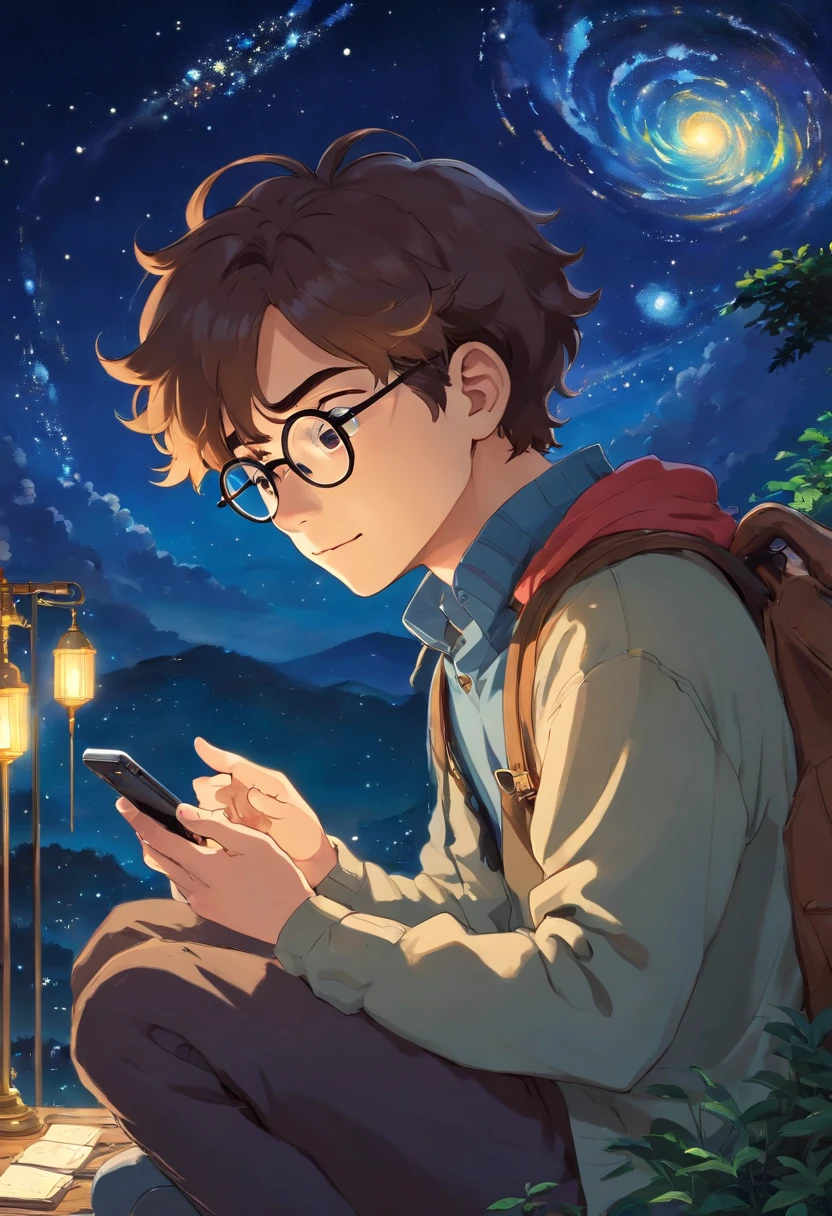 Homem jovem moreno, de casaco, wearing glasses with wavy hair sitting fiddling with his phone, Watching the starry sky at night