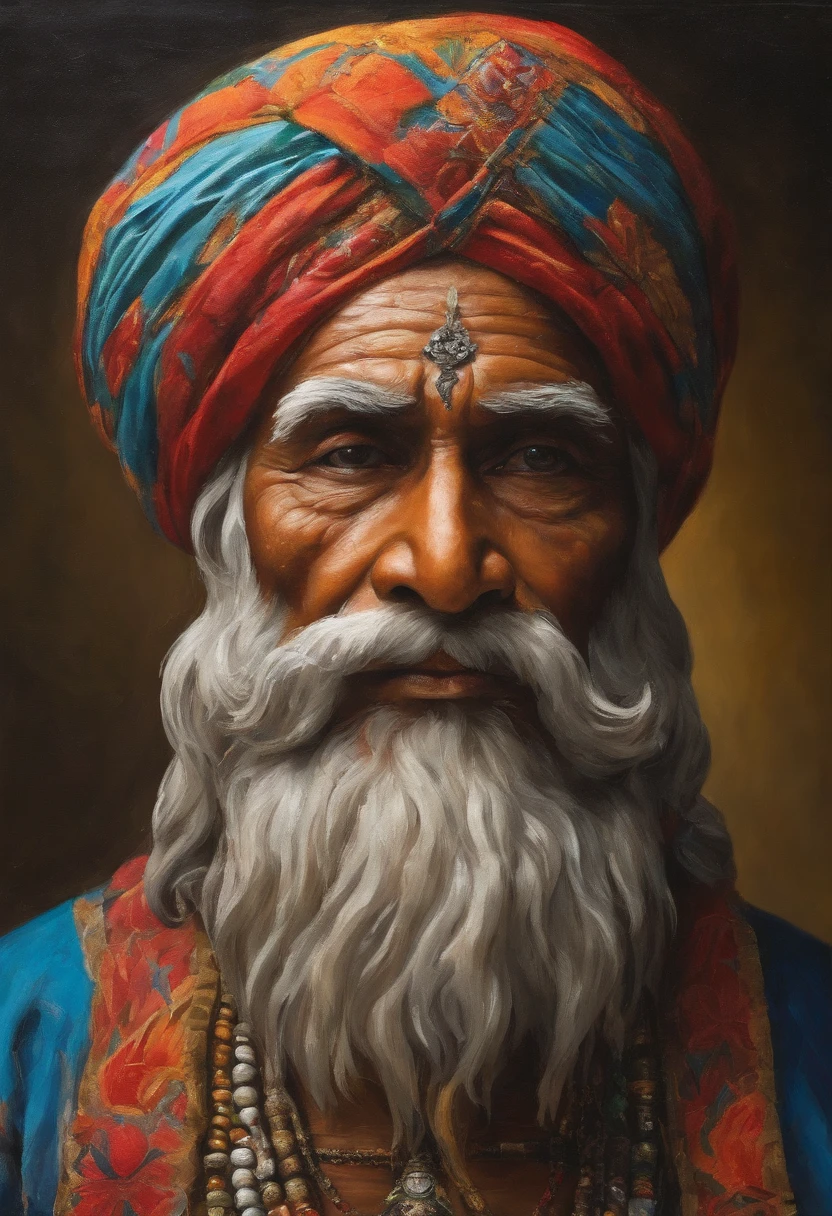 (old indian man:1.1,wearing turban:1.2,white bigger beard:1.1,bigger moustache:1.1,lighting cigar:1.2,in swag,extremely detailed facial hairs,portrait,half body,medium:oil painting,detailed eyes and face,detailed turban,traditional clothing,aged appearance,royal background,studio lighting,vibrant colors,dignified expression) bhasma on forehead, holding sigarete in hand