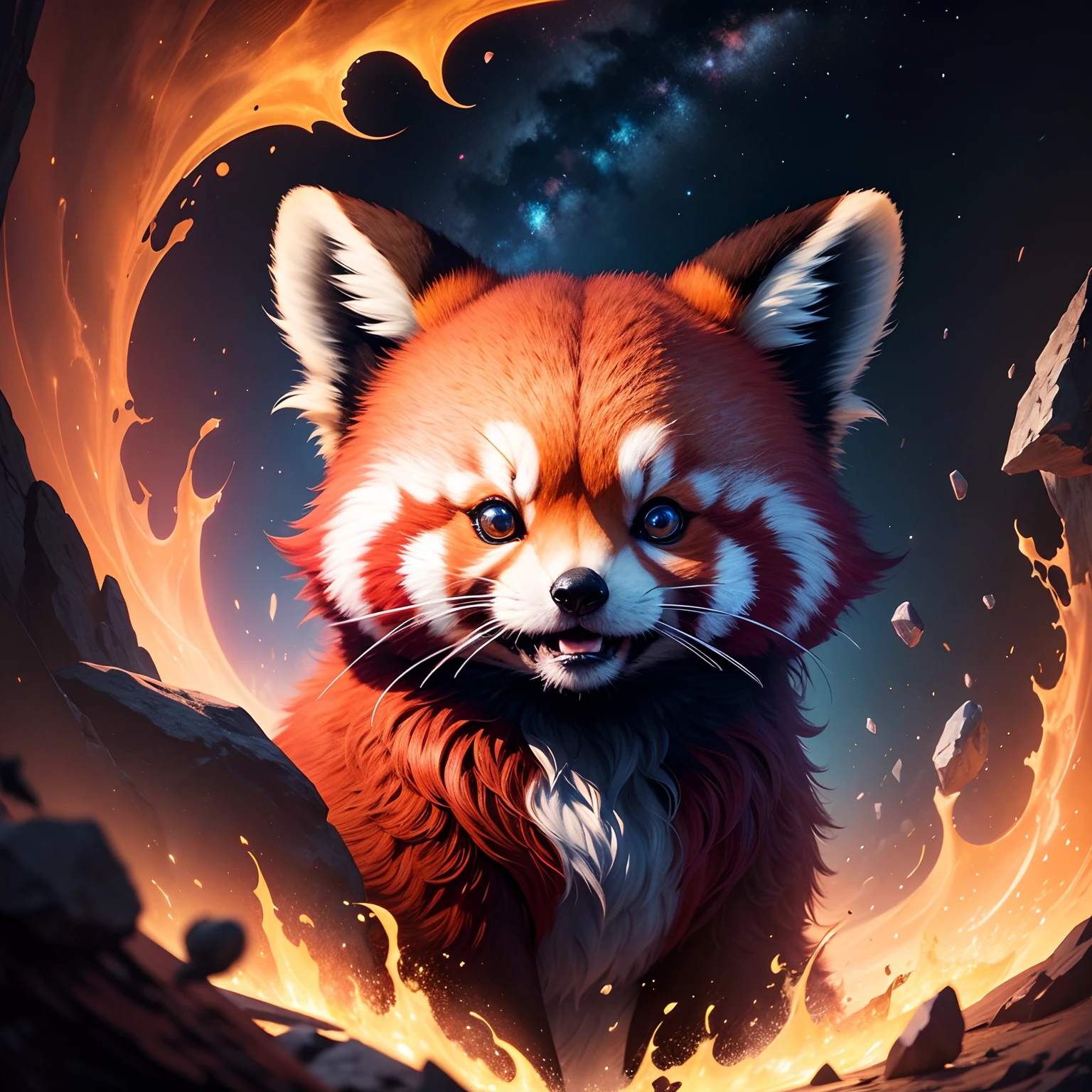 Red panda in a Nebulosa , Splash art, Adobe Illustrator, Vector, 3D Illustration, Abstract Art, Print illustrations, Dark Background, Vibrant Color, Very Colorful, Trendy Colorful Gradient, Centered, Front View, Hyper Detailed, Photorealistic Rendering, 8k HD, Focused, Super Detailed, Intricately Detailed Splash Art Triadic Color Trend Artstation Unreal Engine 5 Volumetric Lighting, Gothic , High resolution, close-up, ambient light, Nikon 15mm f/1.8G, by GIlSam-paio octane rendering depicting innovation and truth, 8k, glamour, intricate detailed environment, lace, smudges , ornate, unreal engine, fantastica, sunset, milky way, starry night