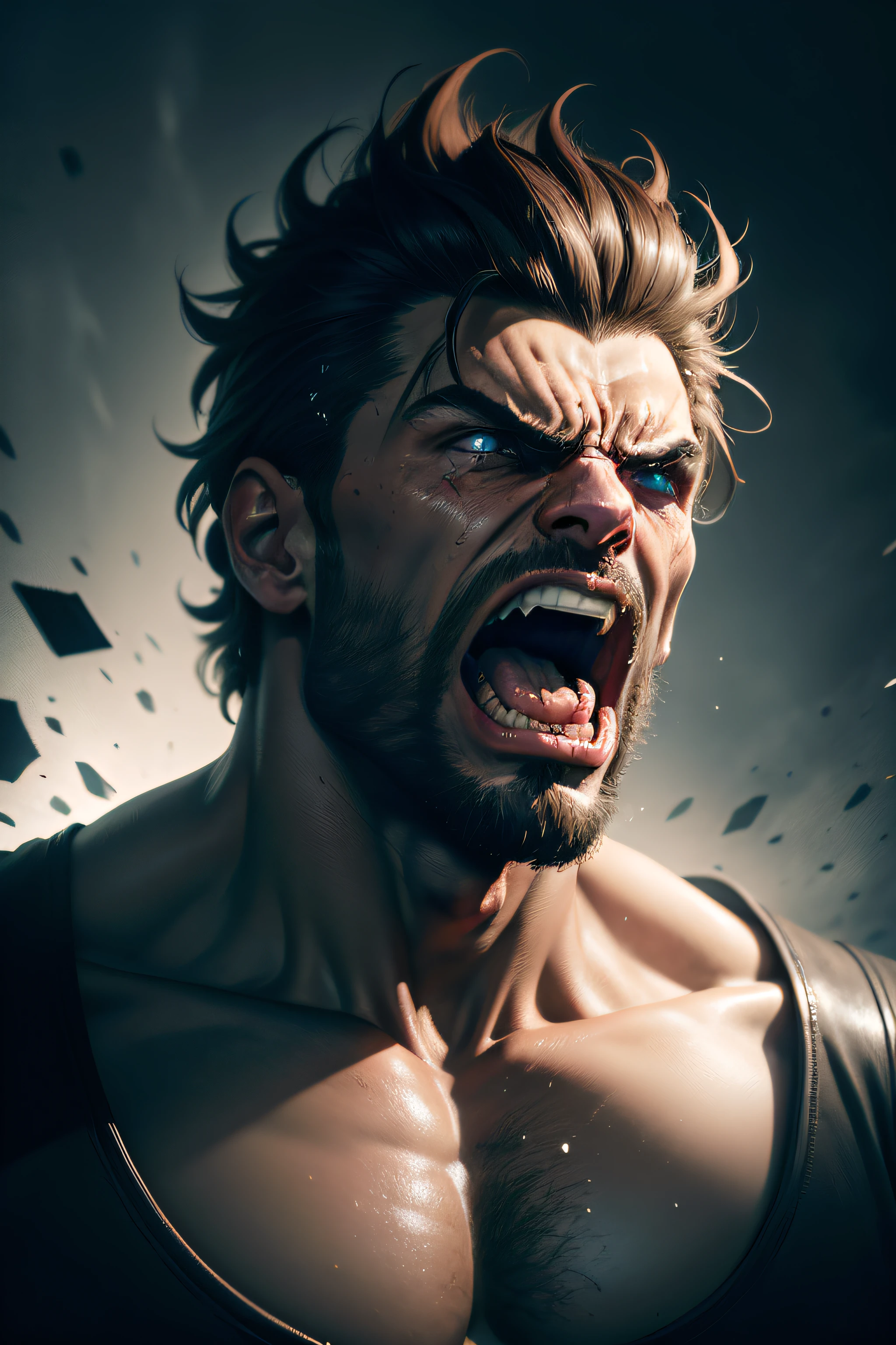 an angry muscular greek gradier screaming in rage, photographed by Andrzej Dragan, Dragan effect, 8k, strong contrast, cool colors, sculpted face, skin color preferentially towards greenish, highly dramatic effect, ultra realistic, highly detailed, pencil sketch, sketch, unreal engine, oil painting, heavy brushstrokes, ink drops, cyanotype, impactful image, dark atmosphere