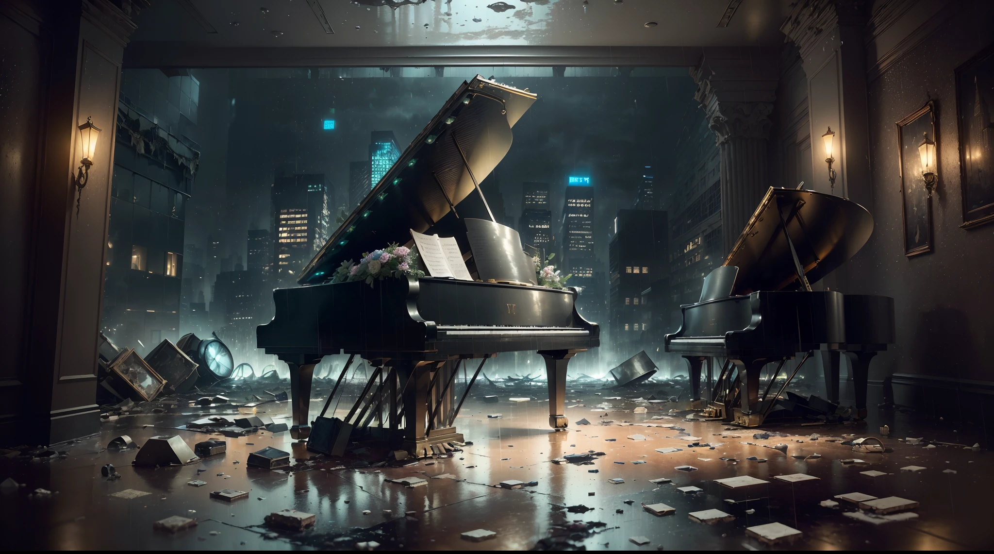 (((Artistic Image, half of the imagem with (Surreal Scene Featuring a Grand Piano Amidst Crumbled Walls, Grand Piano with roofing), half of the image with ((Opening to a Nighttime abandoned Metropolis with skyscraper in Rain), ((raining in the city):1.5), (deteriorated skyscrape), ( skyscrape with slime), ( skyscrape with rust), ((background with deph):1.5), A Dreamlike Atmosphere is Created by Softly Lit Architectural Details, The Piano Sits as a Symbol of Timeless Beauty Amidst Decay, Digital Painting with Elements of Impressionism, High Detail, Wide-Angle Shot, Adding a Hint of Mystery to the Composition))), (path tracing), (cyberpunk), (post apocalyptic), 16k, UHD, max quality, Max Resolution, Ultrarrealista, ultra-detalhado