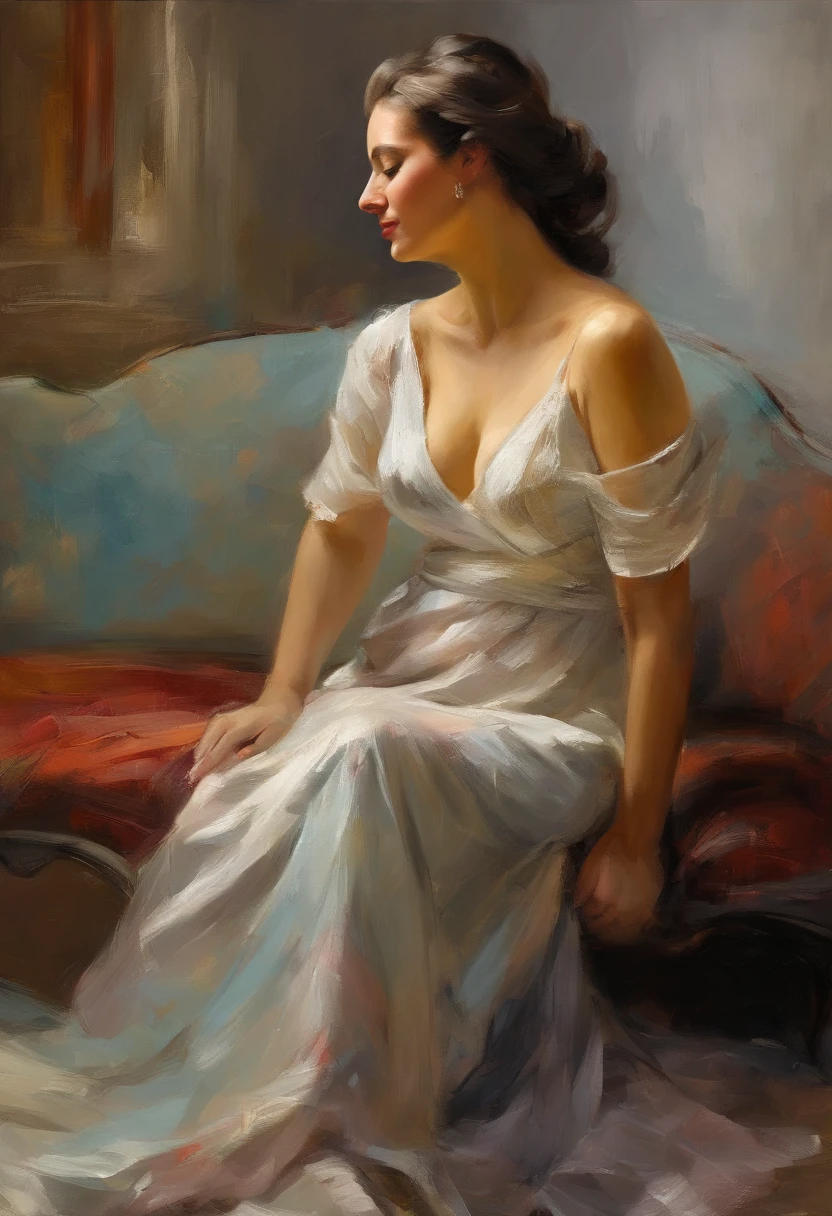 A painting of a woman with her eyes closed, leaning on her hand smiling, wearing a beautiful dress, with exposed cleavage, ((golden ratio}} laying on the sofa after a long night on the town, a sensual painting, a Beautiful expressive painting, Wadim Kashin. Ultra photo realism, Louise Ross, digital painting art, Perceptual digital painting, Stylish digital painting, Bonito painting, glossy digital painting, beautiful digital painting, digital art painting, Fine paintings, ((Rod acrylic paint)).