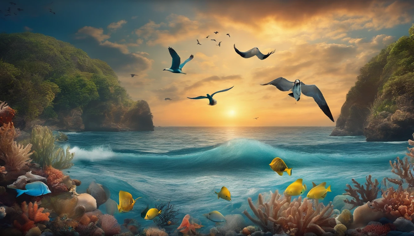 An image of the ocean with sea creatures and birds floating above.