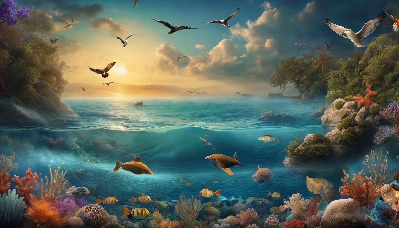 An image of the ocean with sea creatures and birds floating above.