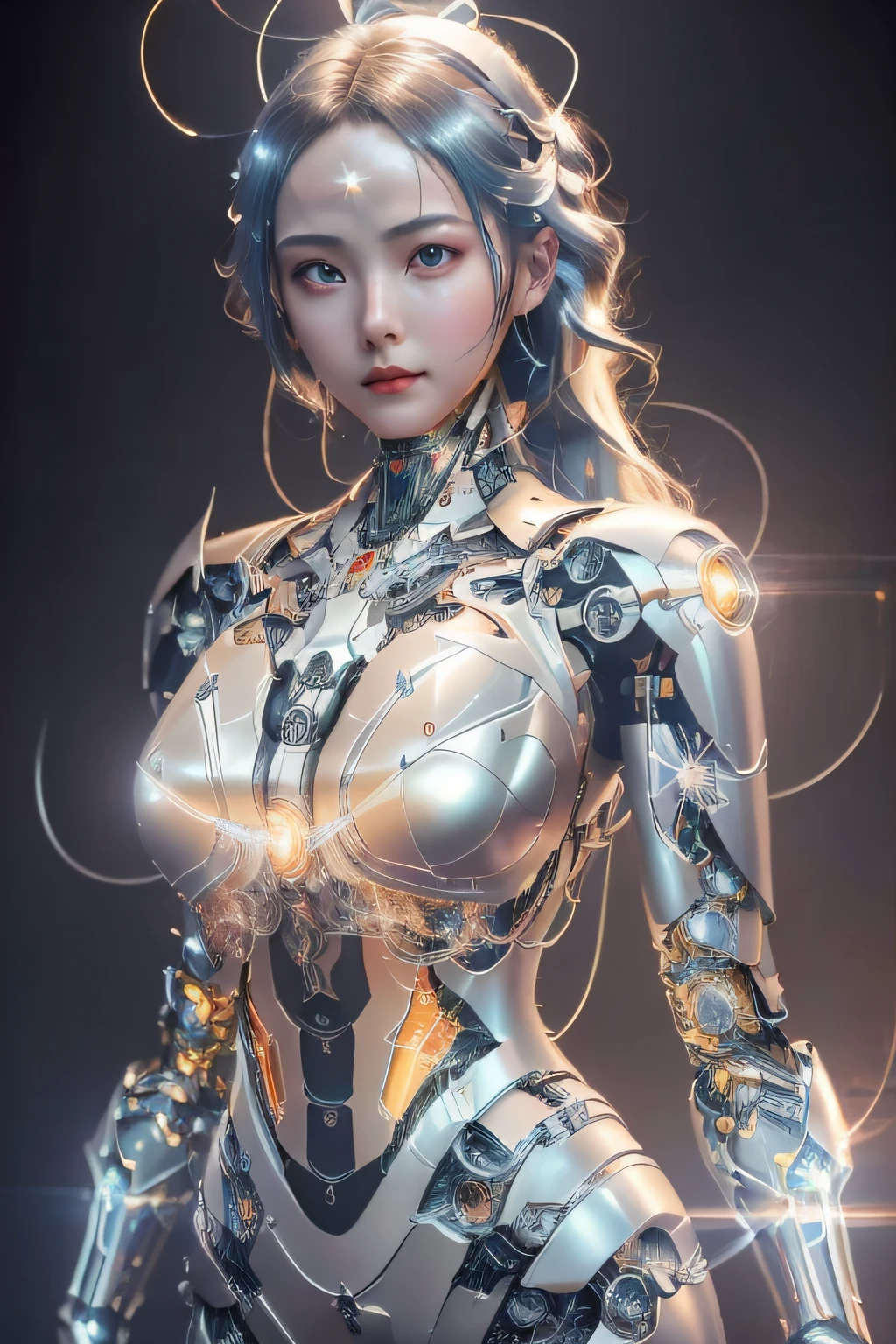 Masterpiece, best quality, super detailed, very detailed illustrations, very detailed, intricate details, high resolution, super complex details, very detailed 8k cg wallpaper, 50MM lens, caustics, reflections, ray tracing, nebulae, dark halos, network effects, (1girl:1.4), solo, alone, mecha musume, mechanical parts, robot joints, single mechanical arm, headgear, mechanical halo, star halo, electric mechanical bodysuit, mecha corset, kimono, full armor, very long hair, white hair, hair between eyes, multicolored hair, blue eyes, glowing eyes, random expression, random action, ancient chinese architecture, starry sky, skyline,