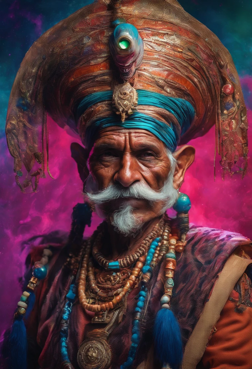 (old indian man:1.1,wearing turban:1.2,white bigger beard:1.1,bigger moustache:1.1,lighting cigar:1.2,in swag,extremely detailed facial hairs,portrait,half body,medium:oil painting,detailed eyes and face,detailed turban,traditional clothing,aged appearance,royal background,studio lighting,vibrant colors,dignified expression) bhasma on forehead, holding sigarete in hand