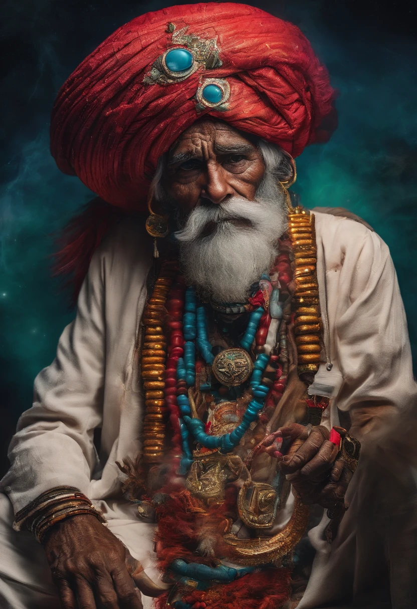 (old indian man:1.1,wearing turban:1.2,white bigger beard:1.1,bigger moustache:1.1,lighting cigar:1.2,in swag,extremely detailed facial hairs,portrait,half body,medium:oil painting,detailed eyes and face,detailed turban,traditional clothing,aged appearance,royal background,studio lighting,vibrant colors,dignified expression) bhasma on forehead, holding sigarete in hand