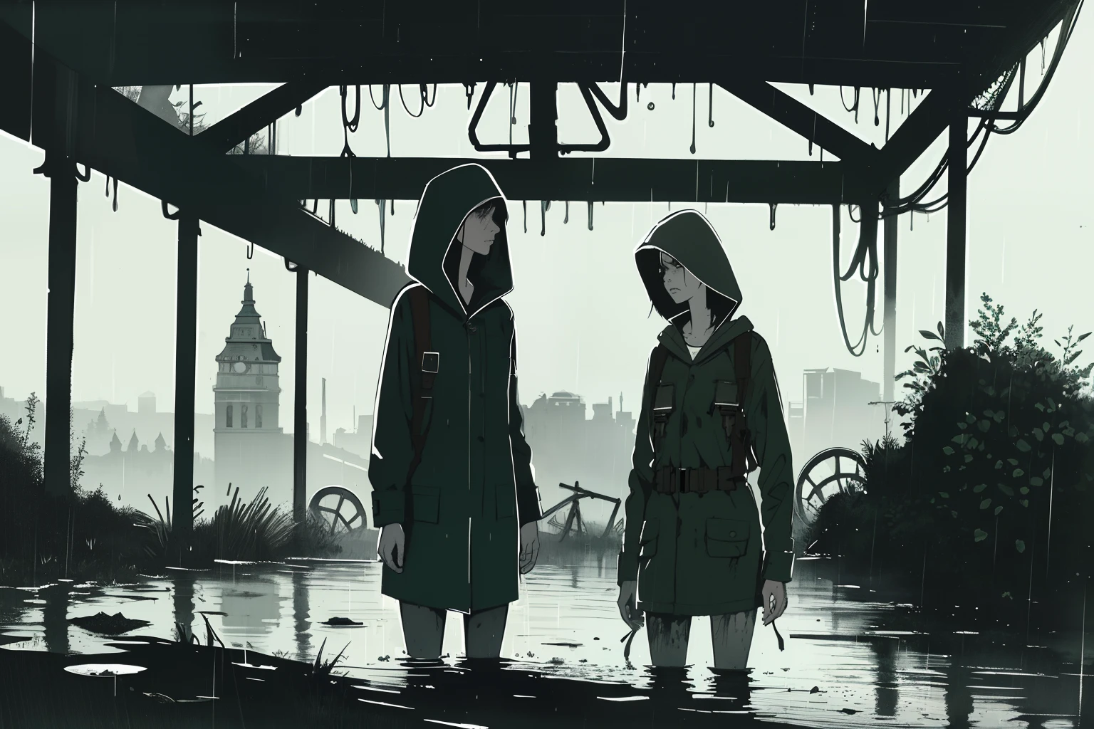 masterpiece, best quality, 2girls, (closeup), 18yo teen, slim, small breast, walk knee-deep in water, sad, tired, dirty face, green raincoat, hoods on, goggles on head, (backpacks), military pants, heavy rain, downpour, flood, wasteland, abandoned train station, grey, desolate, rain, dark, watercolor, sketch