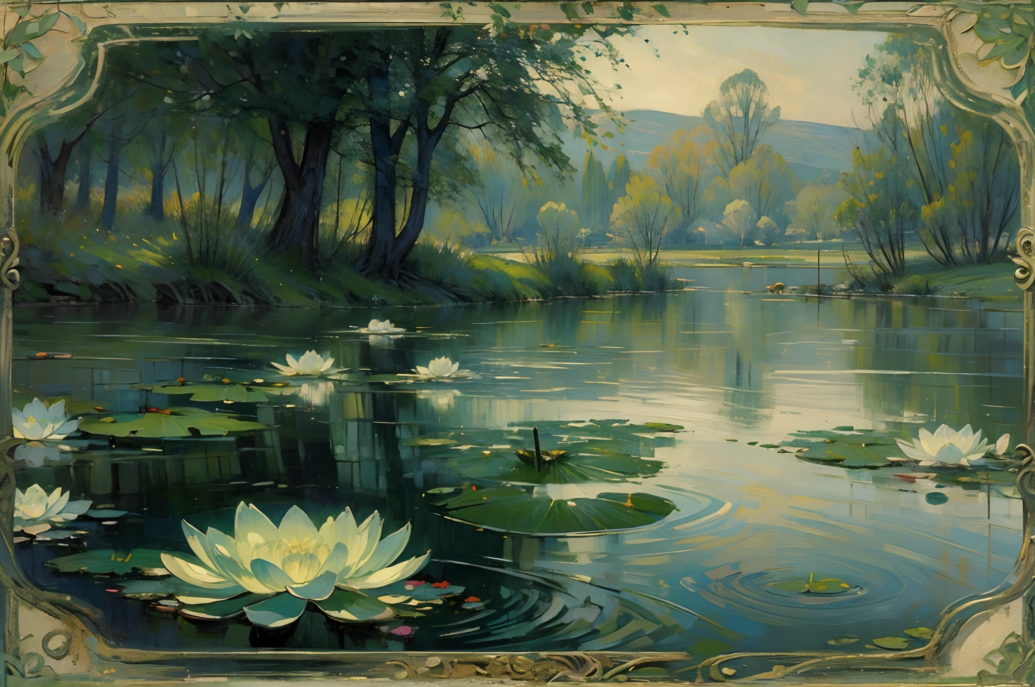 ((nobody)) Vintage Victorian style, Precise old encyclopedia (best quality:1.2), (detailed:1.2), (masterpiece:1.2), vintage illustrations of a calm lake, soft light, fog at the lake, water lilies on the water, evening soft light, dark green tones
