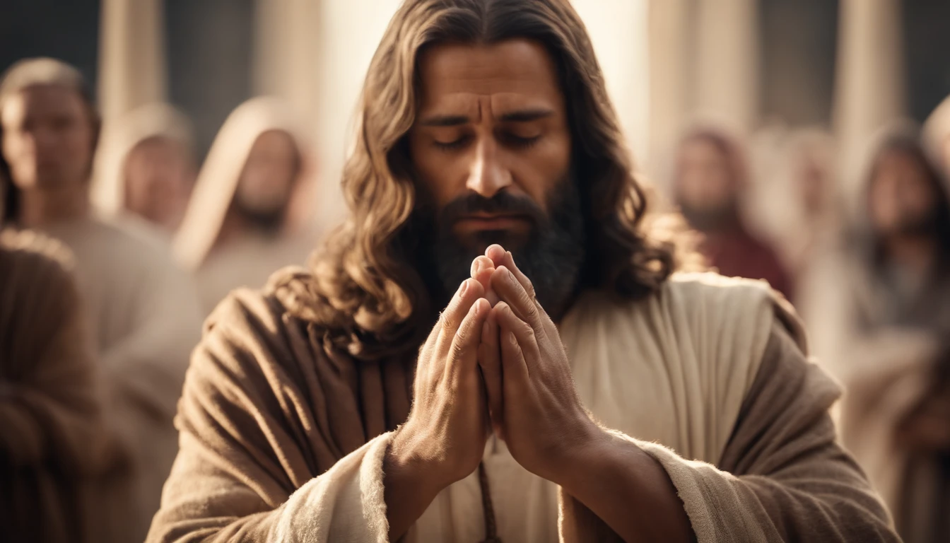 Portrait of a fatherJesus Christ praying for humanity with his hands together. It is to the left of the image and in the background, Blurred is the population