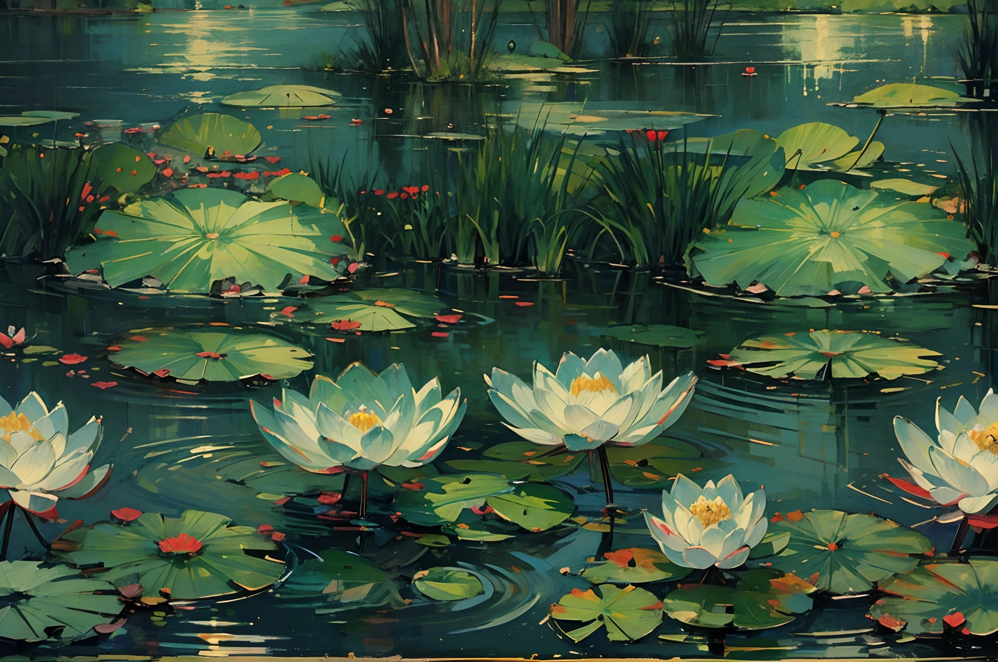 ((nobody)) Vintage Victorian style, Precise old encyclopedia (best quality:1.2), (detailed:1.2), (masterpiece:1.2), vintage illustrations of a calm lake, soft light, fog at the lake, water lilies on the water, evening soft light, dark green tones