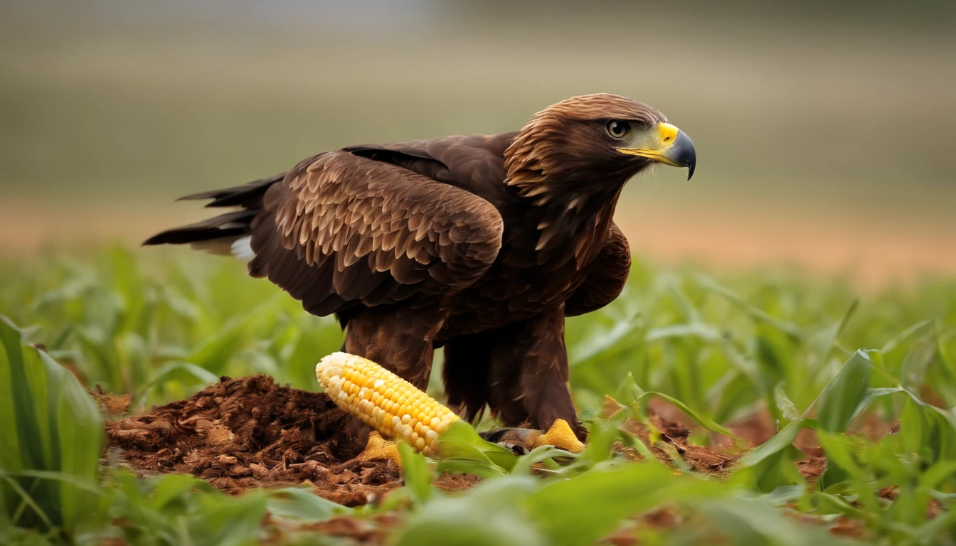 baby eagle on the ground eating corn