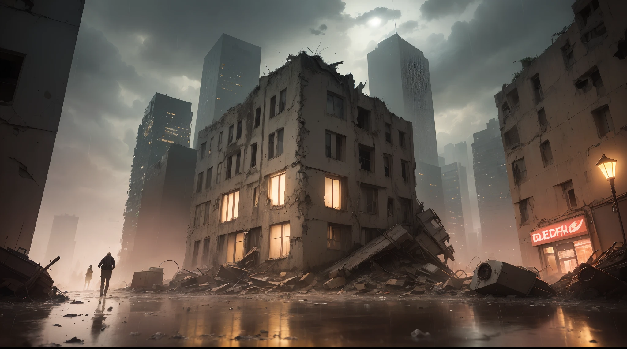 (((Artistic Image, half of the imagem with (Surreal Scene Featuring a Grand Piano Amidst Crumbled Walls, Grand Piano with roofing), half of the image with ((Opening to a Nighttime abandoned Metropolis with skyscraper in Rain), ((raining in the city):1.5), (deteriorated skyscrape), ( skyscrape with slime), ( skyscrape with rust), ((background with deph):1.5), A Dreamlike Atmosphere is Created by Softly Lit Architectural Details, The Piano Sits as a Symbol of Timeless Beauty Amidst Decay, Digital Painting with Elements of Impressionism, High Detail, Wide-Angle Shot, Adding a Hint of Mystery to the Composition))), (path tracing), (cyberpunk), (post apocalyptic), 16k, UHD, max quality, Max Resolution, Ultrarrealista, ultra-detalhado