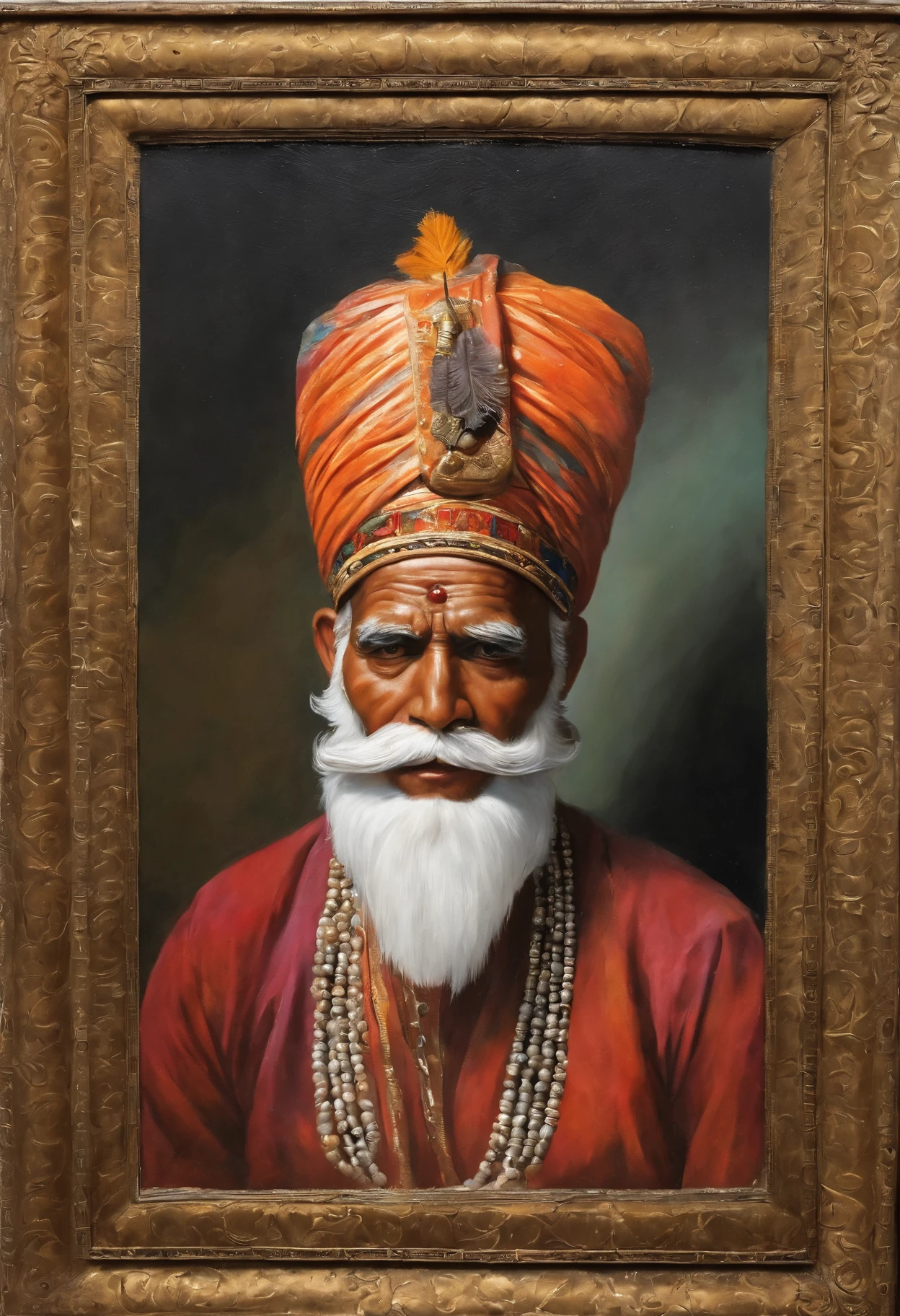 (old indian man:1.1,wearing turban:1.2,white bigger beard:1.1,bigger moustache:1.1,lighting cigar:1.2,in swag,extremely detailed facial hairs,portrait,half body,medium:oil painting,detailed eyes and face,detailed turban,traditional clothing,aged appearance,royal background,studio lighting,vibrant colors,dignified expression) bhasma on forehead, holding sigarete in hand