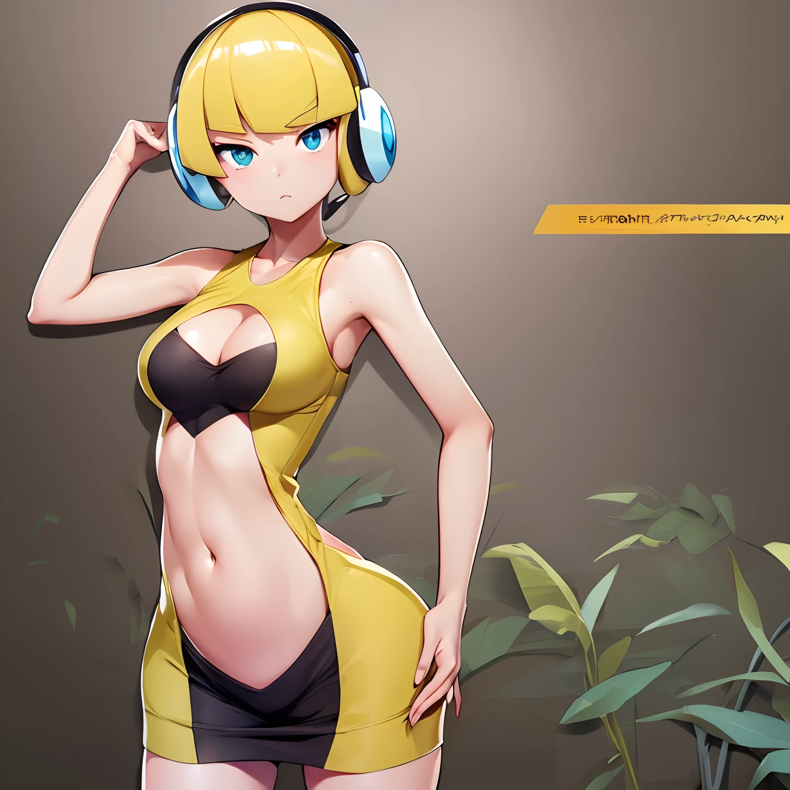 Solo, masterpiece, perfect face, perfect eyes, ((elesa pokemon)), blond hair, bobcut, yellow sleeveless short dress, headphones, modelshoot, cutouts, cowboy shot, exposed stomach