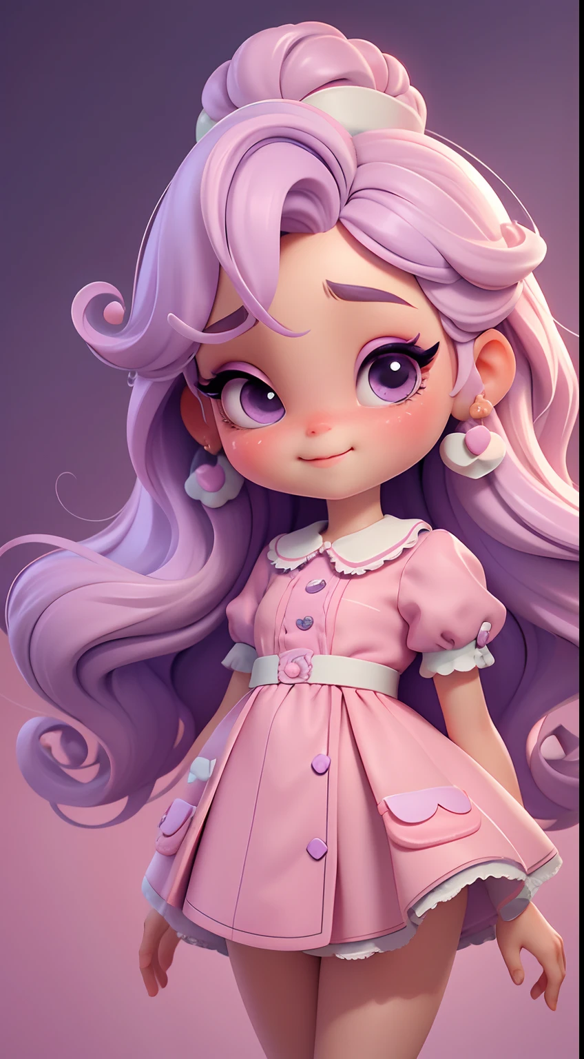 Create a series of cute chibi style dolls with a cute candyland chef theme, each with lots of detail and in an 8K resolution. All dolls should follow the same candyland candy wallpaper pattern and be complete in the image, mostrando o (corpo inteiro, incluindo as pernas: 1.5)
Boneca candyland f: Chame-a de Marina. She must have small hair in pastel lilac hue. Seus olhos devem ser grandes e expressivos, with long eyelashes and rosy cheeks. Sorriso delicado e branco. Sophie deve estar vestida com uma roupa colorida, pastel hues, lilac and purple tones and sweet details;. She should hold a candy in her hands. Certifique-se de adicionar detalhes nas roupas, such as buttons and pockets, sapato bonito
Certifique-se de adicionar sombras, texturas e detalhes nos cabelos, roupas, doces e chocolate em barra, to make them even more adorable and charming.