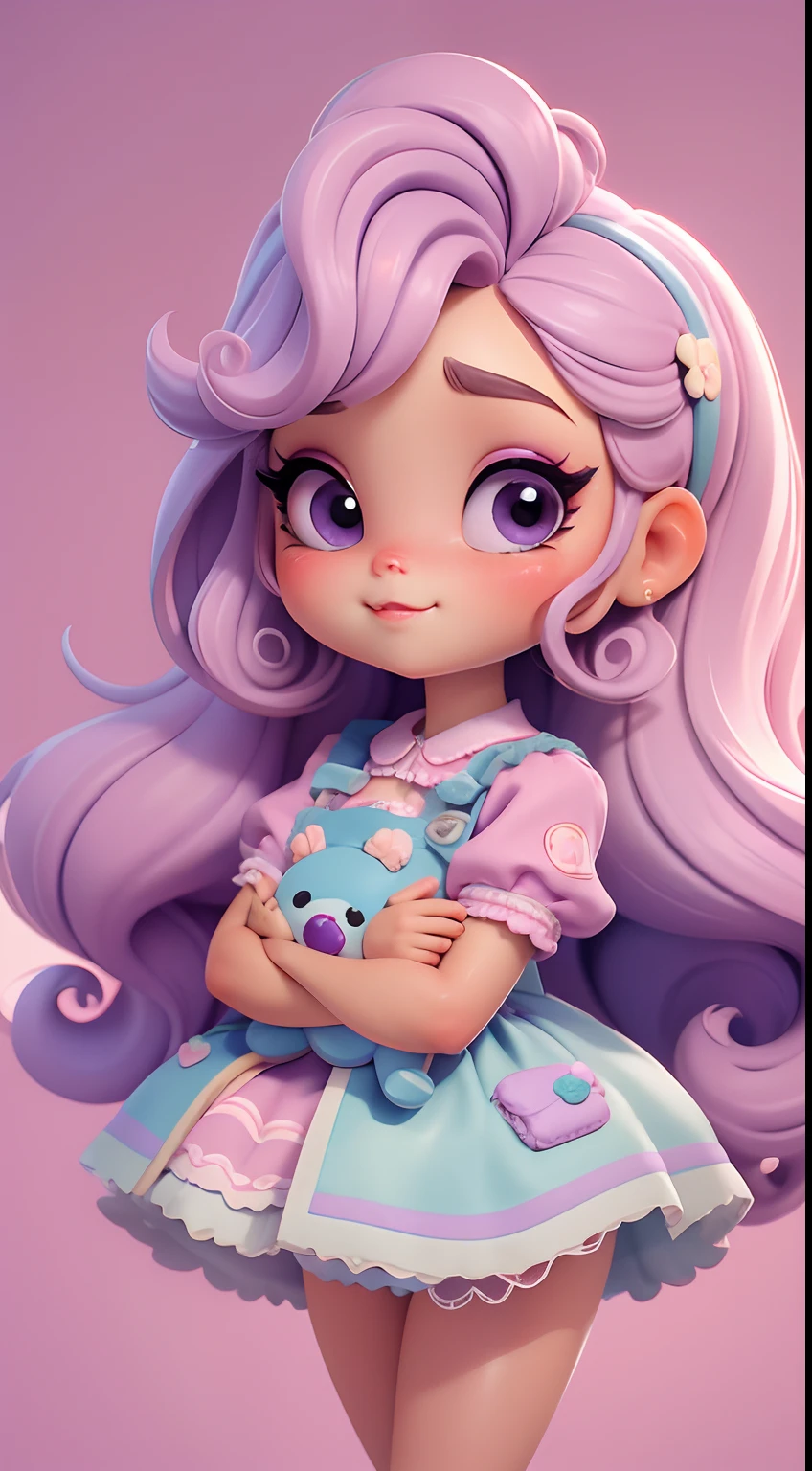 Create a series of cute chibi style dolls with a cute candyland chef theme, each with lots of detail and in an 8K resolution. All dolls should follow the same candyland candy wallpaper pattern and be complete in the image, mostrando o (corpo inteiro, incluindo as pernas: 1.5)
Boneca candyland f: Chame-a de Marina. She must have small hair in pastel lilac hue. Seus olhos devem ser grandes e expressivos, with long eyelashes and rosy cheeks. Sorriso delicado e branco. Sophie deve estar vestida com uma roupa colorida, pastel hues, lilac and purple tones and sweet details;. She should hold a candy in her hands. Certifique-se de adicionar detalhes nas roupas, such as buttons and pockets, sapato bonito
Certifique-se de adicionar sombras, texturas e detalhes nos cabelos, roupas, doces e chocolate em barra, to make them even more adorable and charming.