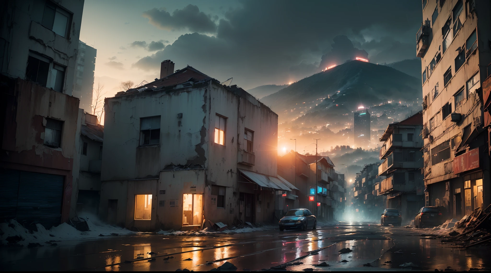 (((Artistic Image, metade da imagem com (Cena surreal com um piano de cauda em meio a paredes desmoronadas, Piano de cauda com telhado), metade da imagem com ((Opening to an abandoned nighttime metropolis with skyscraper in the rain), ((Chove na cidade):1.5), (deteriorated skyscraper), ( Skyscraper with silt), ( Skyscraper with rust), ((Antecedentes com o DEPH):1.5), A dreamlike atmosphere is created by softly lit architectural details, The piano is a symbol of timeless beauty in the midst of decadence, Pintura Digital com Elementos do Impressionismo, High detail, tiro grande angular, Adding a dash of mystery to the composition))), (Rastreamento de caminho), (Cyberpunk), (Post apocalyptic), 16k, UHD, max quality, Max Resolution, ultrarrealista |, ultra-detalhado
