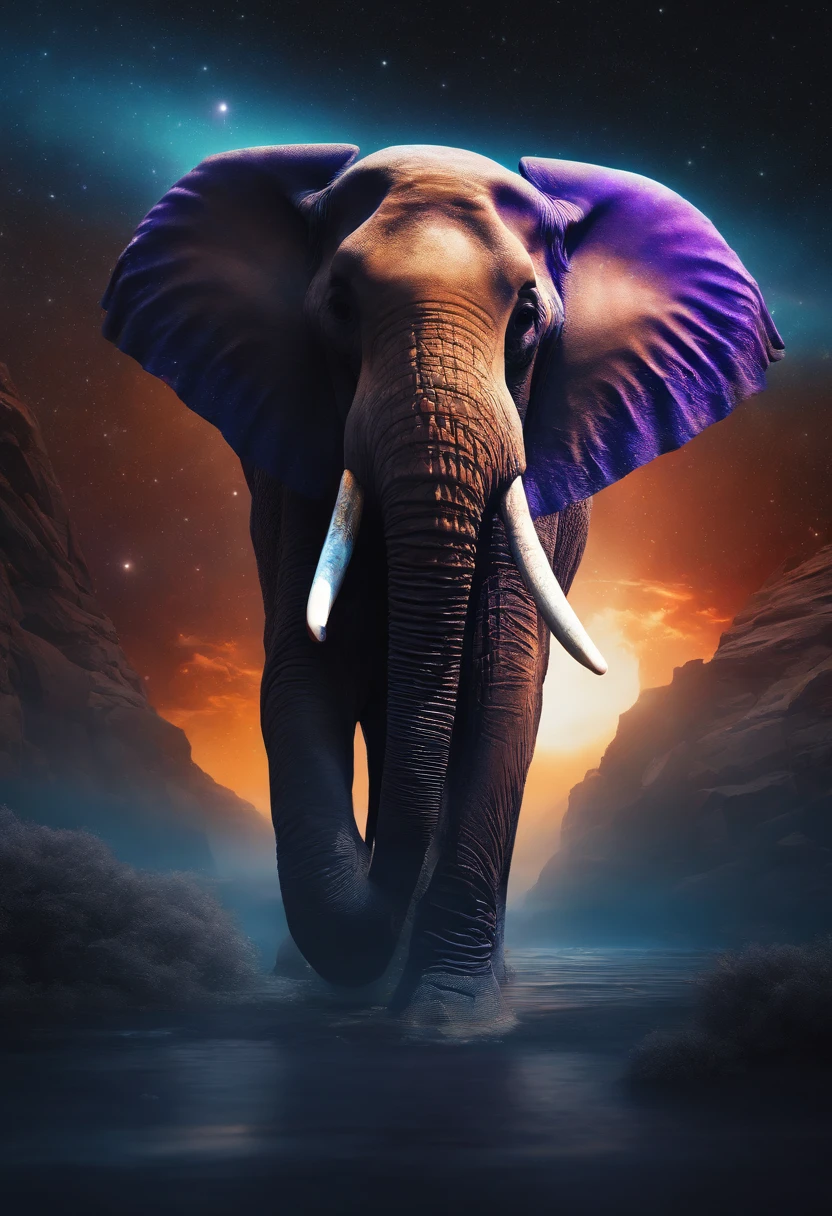 Majestic elephant in a Nebulosa , Splash art, Adobe Illustrator, Vector, 3D Illustration, Abstract Art, Print illustrations, Dark Background, Vibrant Color, Very Colorful, Trendy Colorful Gradient, Centered, Front View, Hyper Detailed, Photorealistic Rendering, 8k HD, Focused, Super Detailed, Intricately Detailed Splash Art Triadic Color Trend Artstation Unreal Engine 5 Volumetric Lighting, Gothic , High resolution, close-up, ambient light, Nikon 15mm f/1.8G, by GIlSam-paio octane rendering depicting innovation and truth, 8k, glamour, intricate detailed environment, lace, smudges , ornate, unreal engine, fantastica, sunset, milky way, starry night